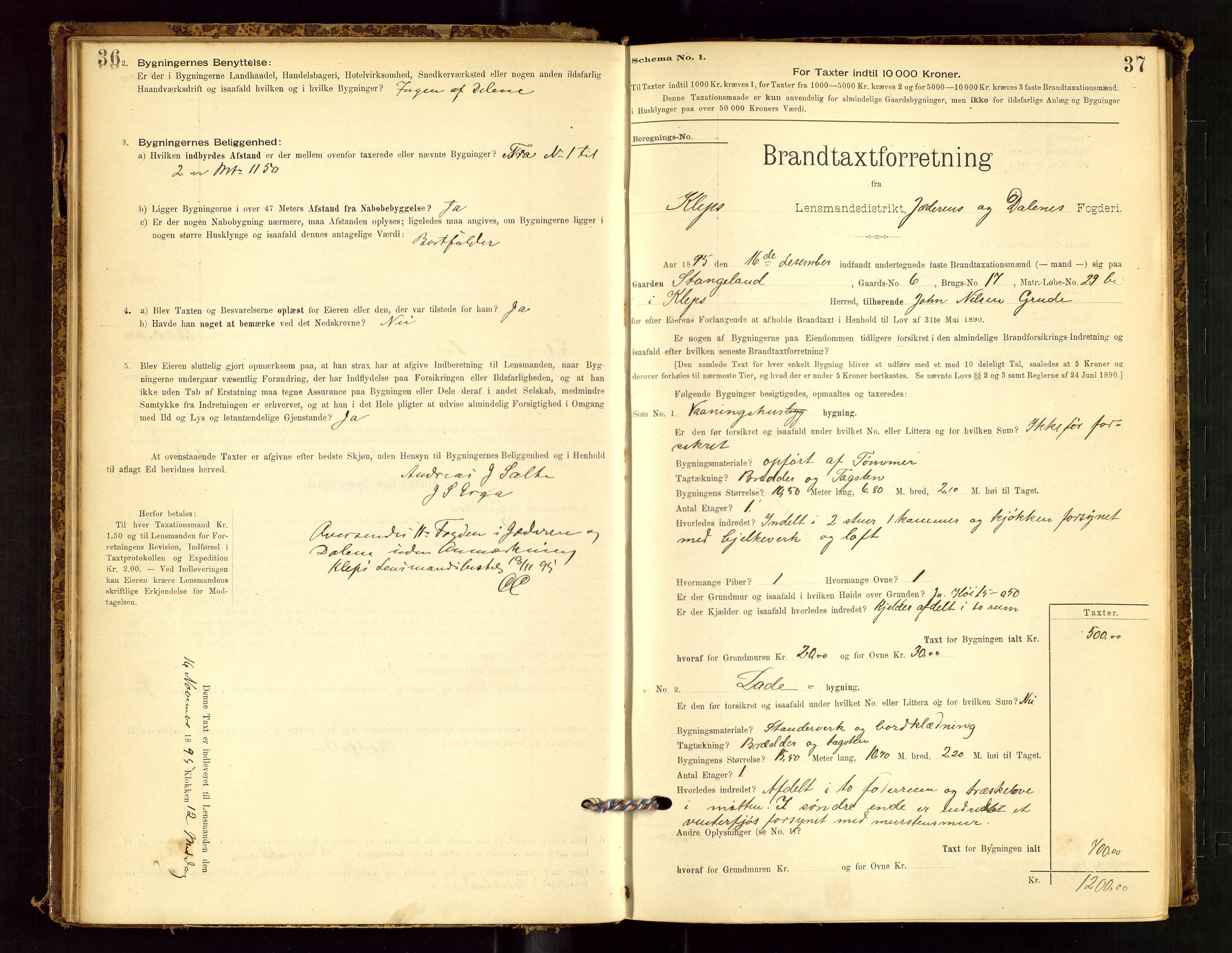 Klepp lensmannskontor, SAST/A-100163/Goc/L0001: "Brandtaxationsprotokol" m/register, 1895-1898, s. 36-37