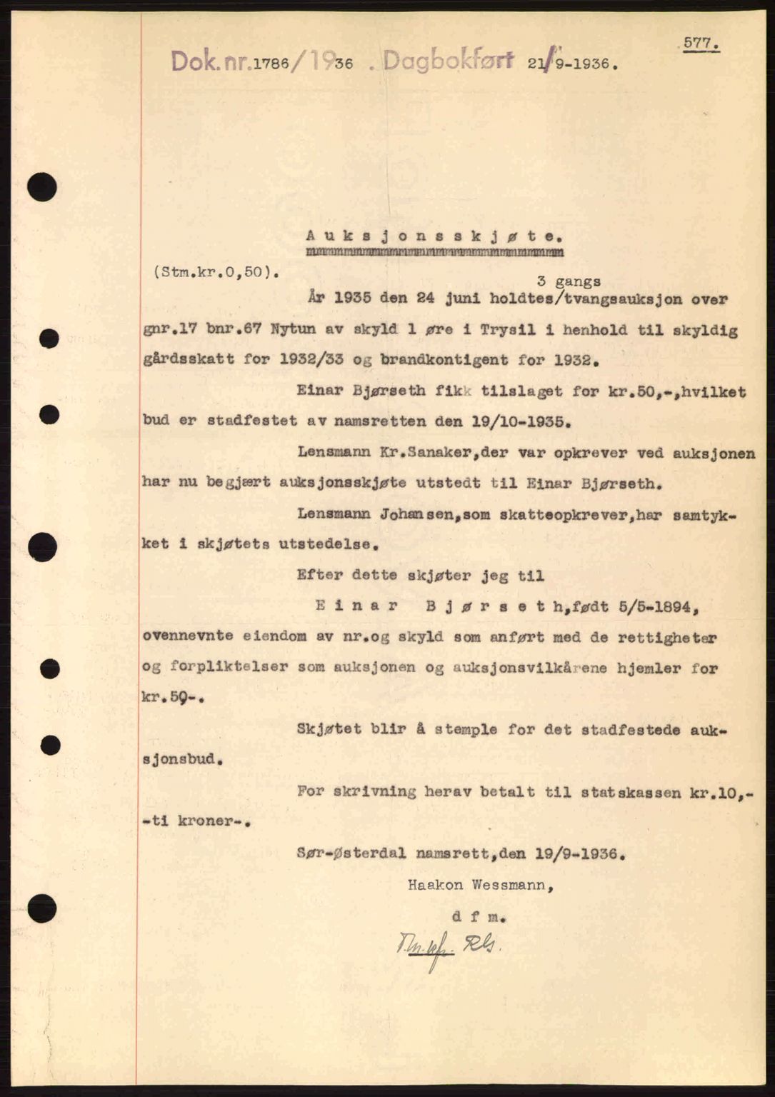 Sør-Østerdal sorenskriveri, SAH/TING-018/H/Hb/Hbb/L0054: Pantebok nr. A54, 1936-1936, Dagboknr: 1786/1936