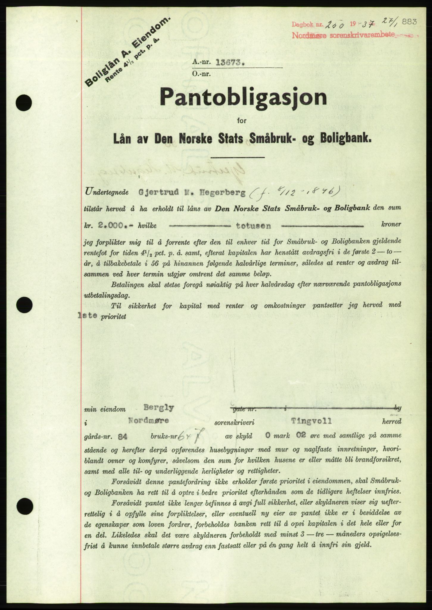 Nordmøre sorenskriveri, AV/SAT-A-4132/1/2/2Ca/L0090: Pantebok nr. B80, 1936-1937, Dagboknr: 250/1937