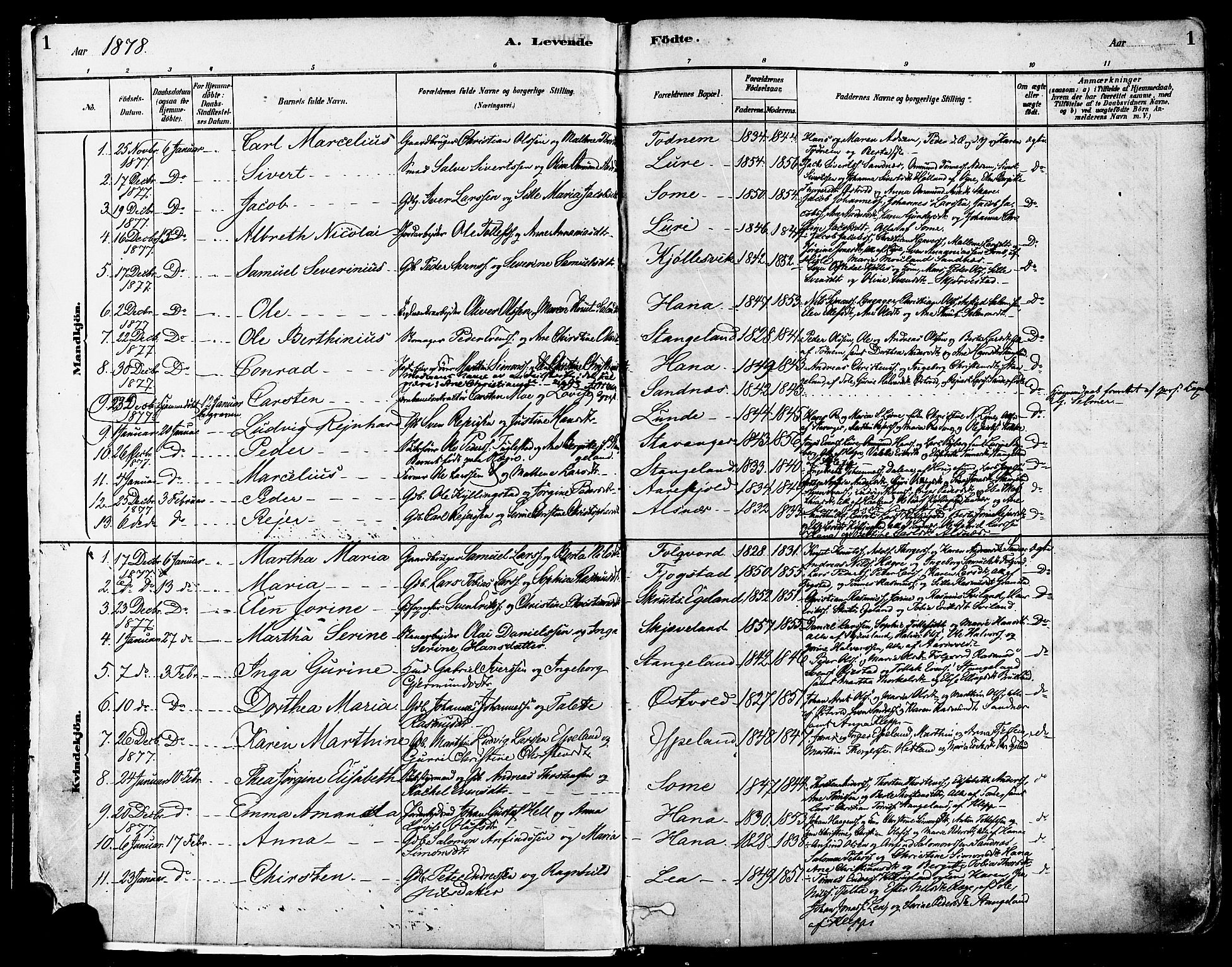Høyland sokneprestkontor, AV/SAST-A-101799/001/30BA/L0011: Ministerialbok nr. A 10, 1878-1888, s. 1