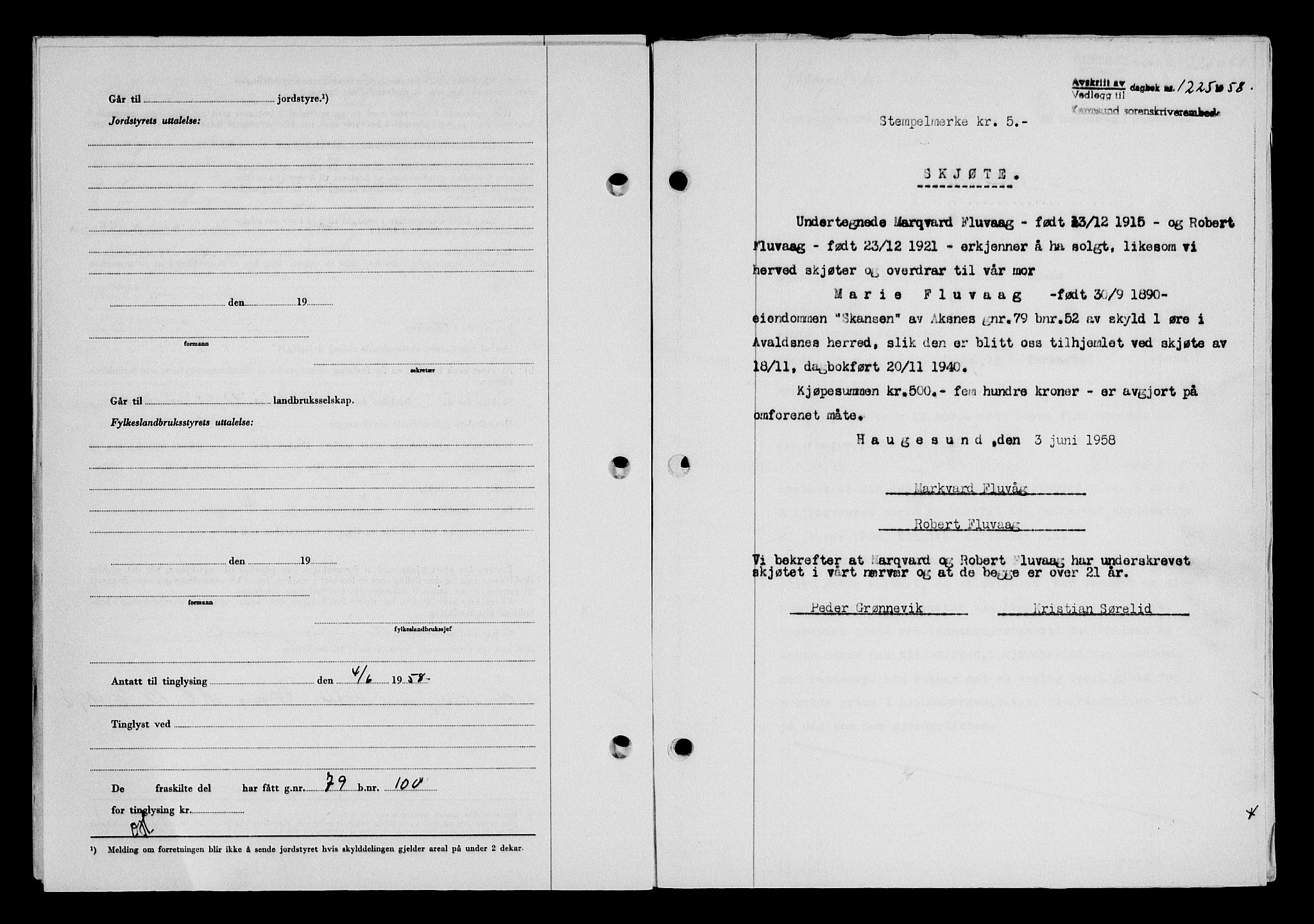 Karmsund sorenskriveri, SAST/A-100311/01/II/IIB/L0128: Pantebok nr. 108A, 1958-1958, Dagboknr: 1225/1958