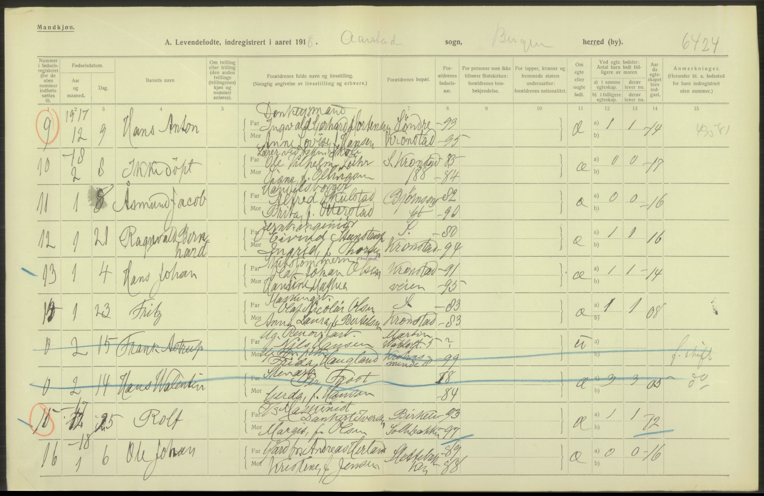 Statistisk sentralbyrå, Sosiodemografiske emner, Befolkning, AV/RA-S-2228/D/Df/Dfb/Dfbh/L0037: Bergen: Levendefødte menn og kvinner., 1918, s. 198