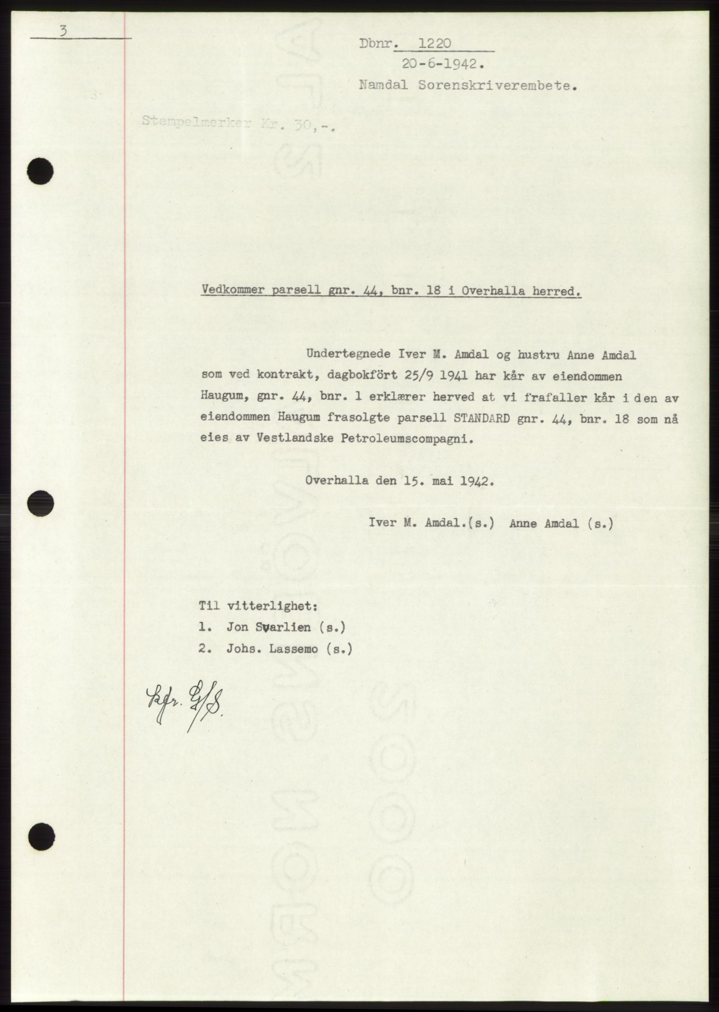 Namdal sorenskriveri, SAT/A-4133/1/2/2C: Pantebok nr. -, 1941-1942, Dagboknr: 1220/1942