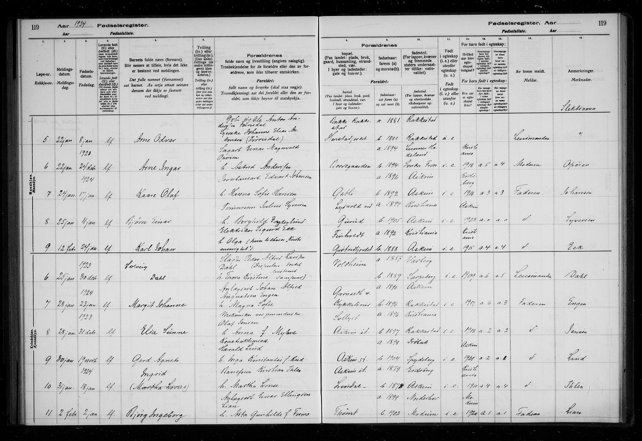 Askim prestekontor Kirkebøker, AV/SAO-A-10900/J/Ja/L0001: Fødselsregister nr. 1, 1916-1929, s. 119