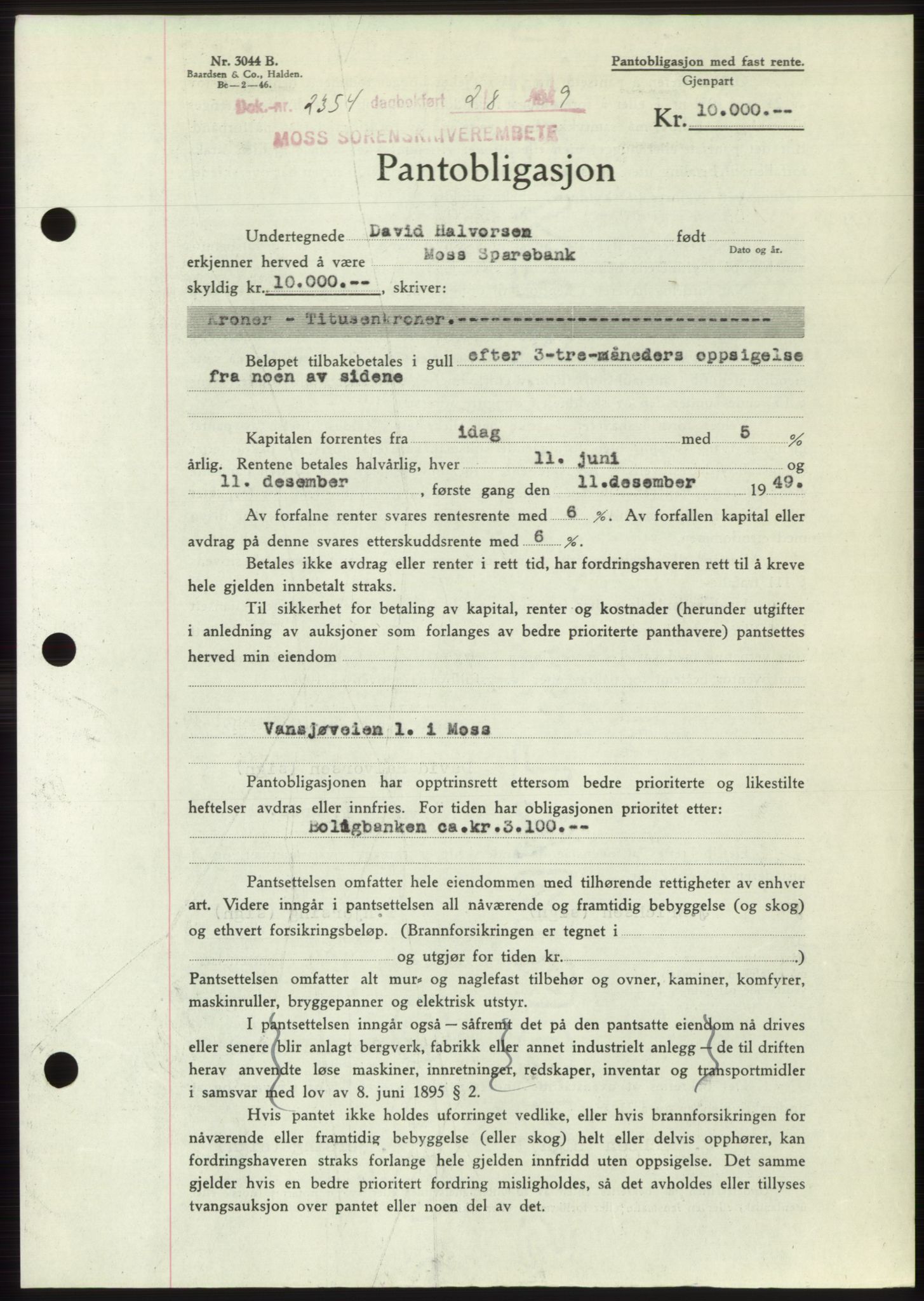 Moss sorenskriveri, SAO/A-10168: Pantebok nr. B22, 1949-1949, Dagboknr: 2354/1949