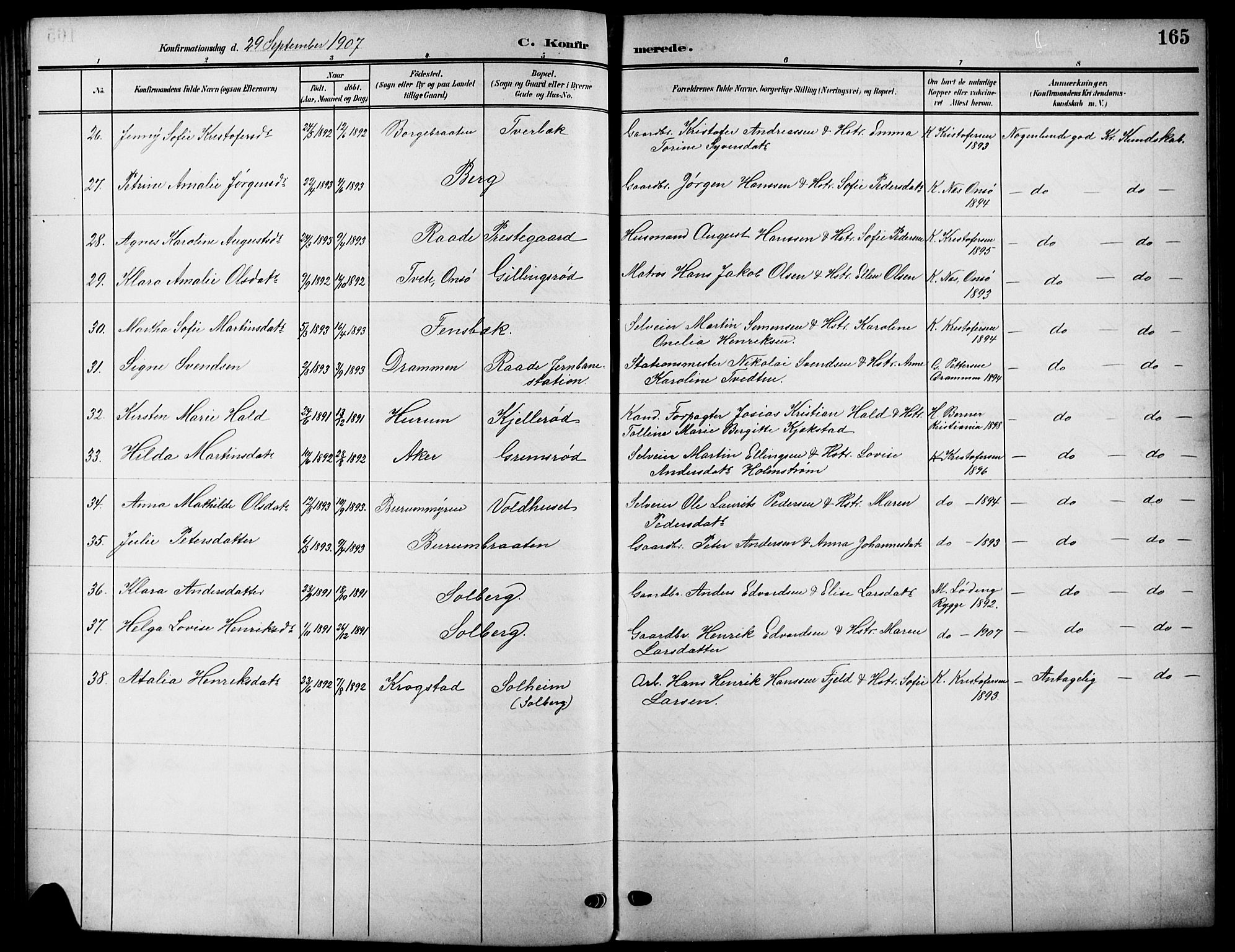 Råde prestekontor kirkebøker, AV/SAO-A-2009/G/Ga/L0001: Klokkerbok nr. 1, 1903-1925, s. 165