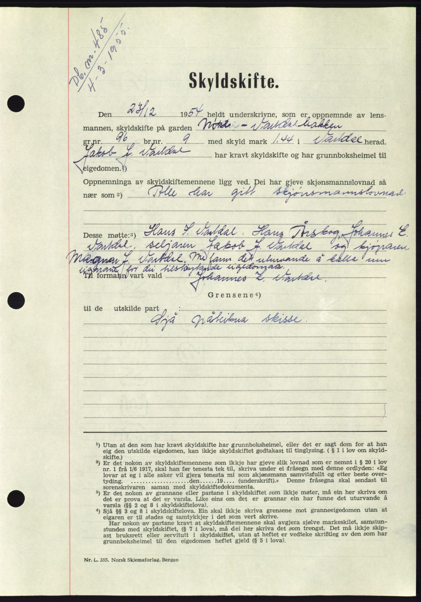 Søre Sunnmøre sorenskriveri, AV/SAT-A-4122/1/2/2C/L0100: Pantebok nr. 26A, 1954-1955, Dagboknr: 485/1955