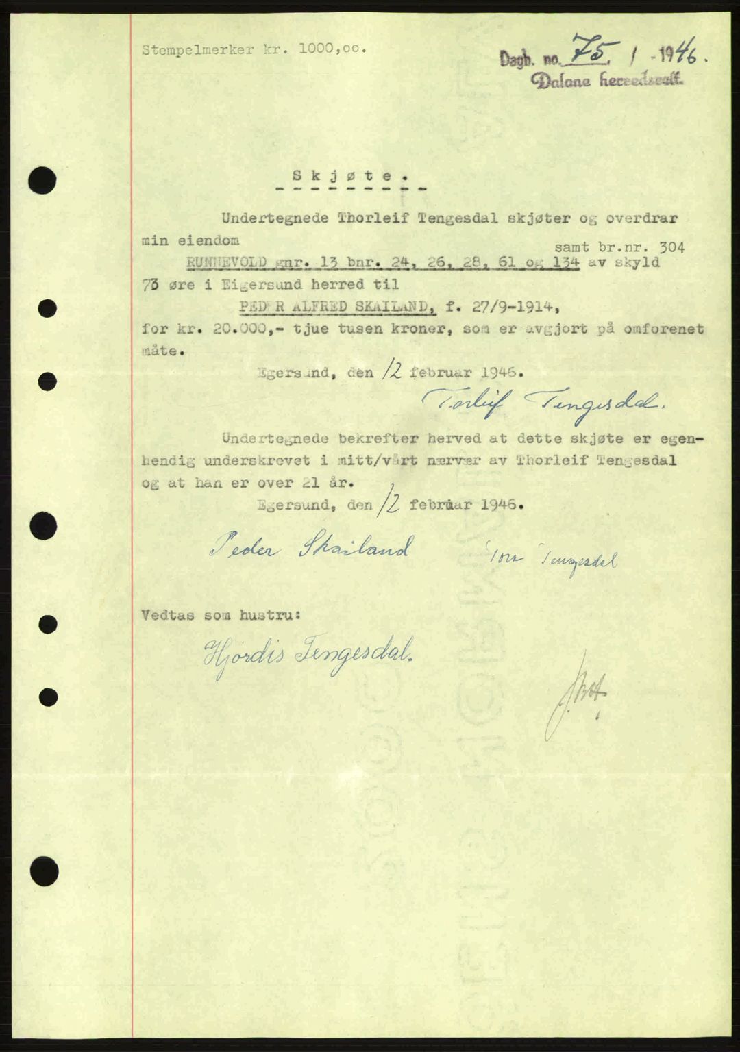 Dalane sorenskriveri, SAST/A-100309/02/G/Gb/L0048: Pantebok nr. A8 II, 1946-1946, Dagboknr: 75/1946