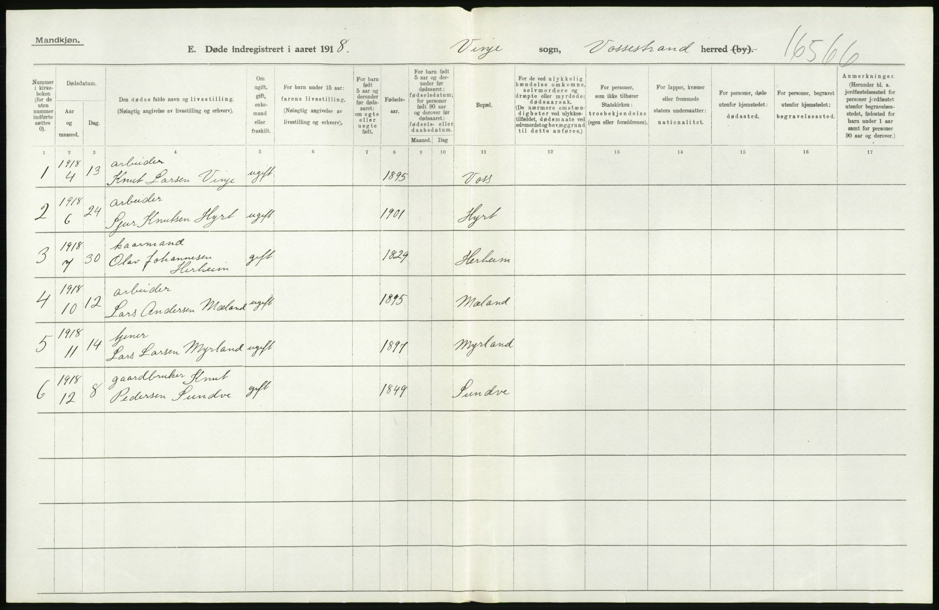 Statistisk sentralbyrå, Sosiodemografiske emner, Befolkning, RA/S-2228/D/Df/Dfb/Dfbh/L0036: Hordaland fylke: Døde., 1918, s. 104