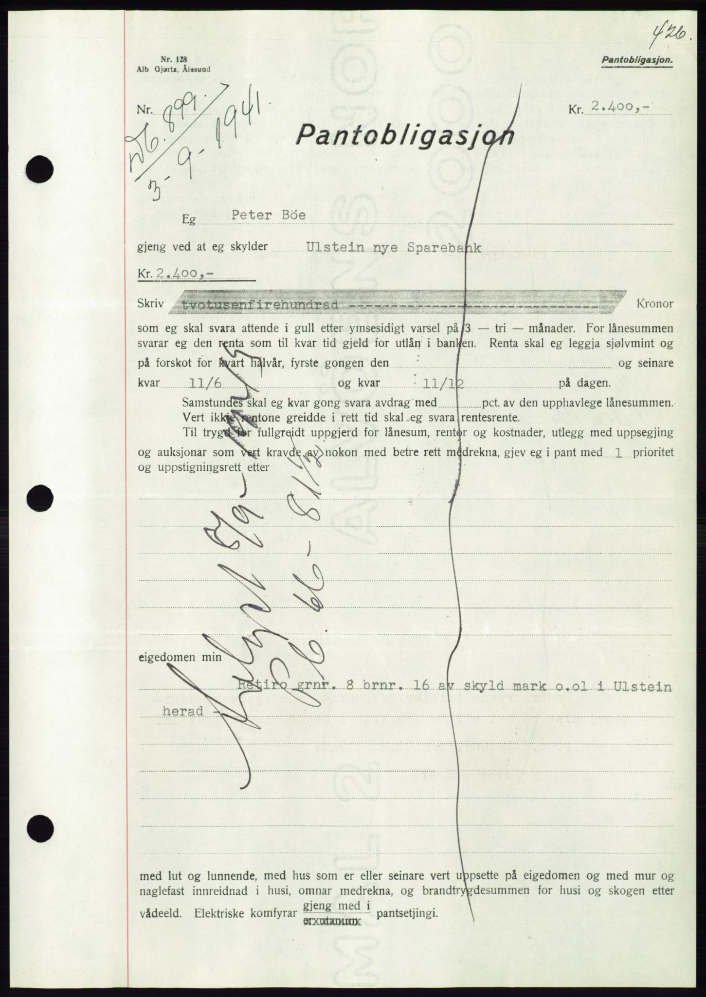 Søre Sunnmøre sorenskriveri, AV/SAT-A-4122/1/2/2C/L0071: Pantebok nr. 65, 1941-1941, Dagboknr: 899/1941