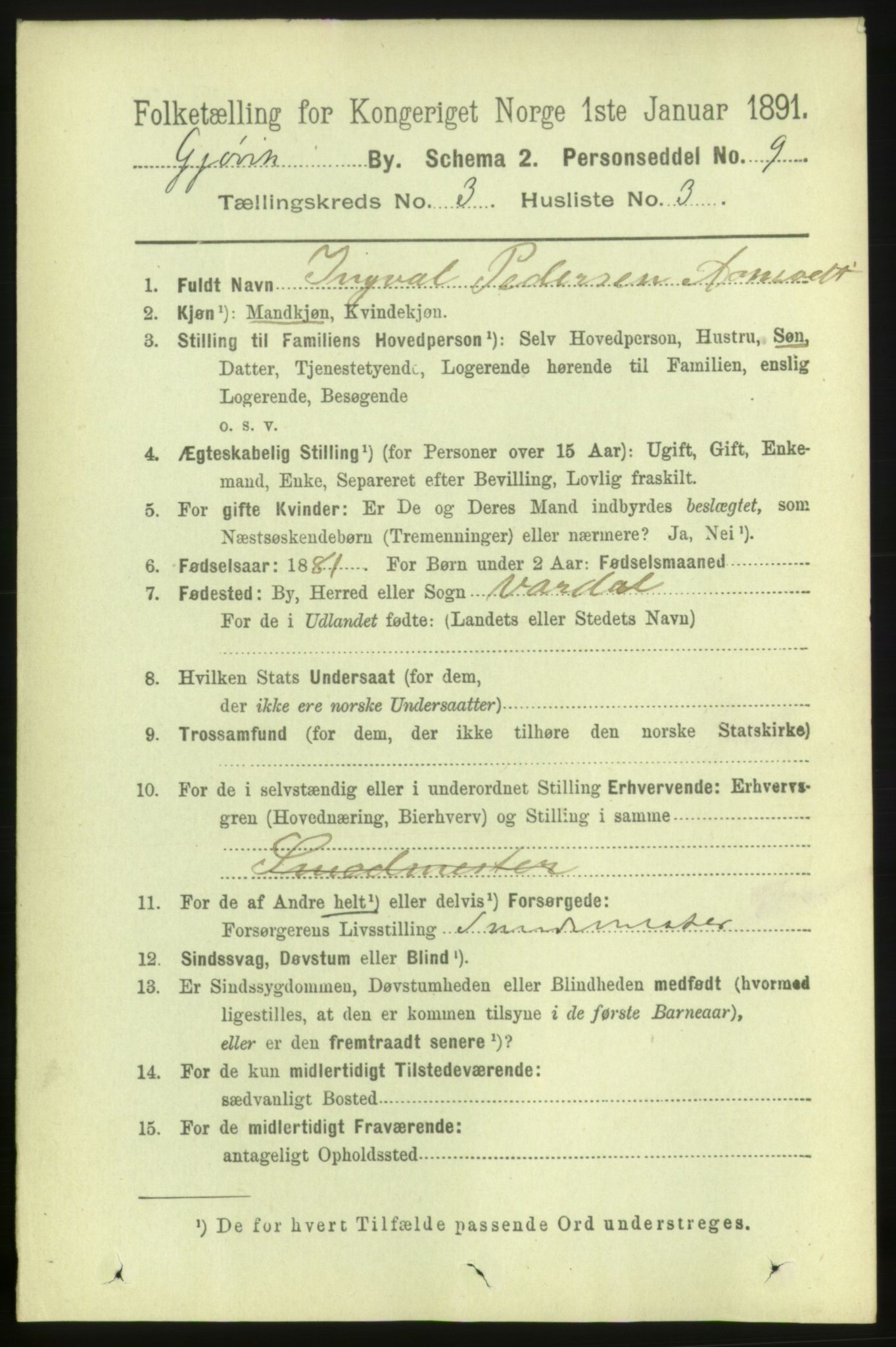 RA, Folketelling 1891 for 0502 Gjøvik kjøpstad, 1891, s. 1020