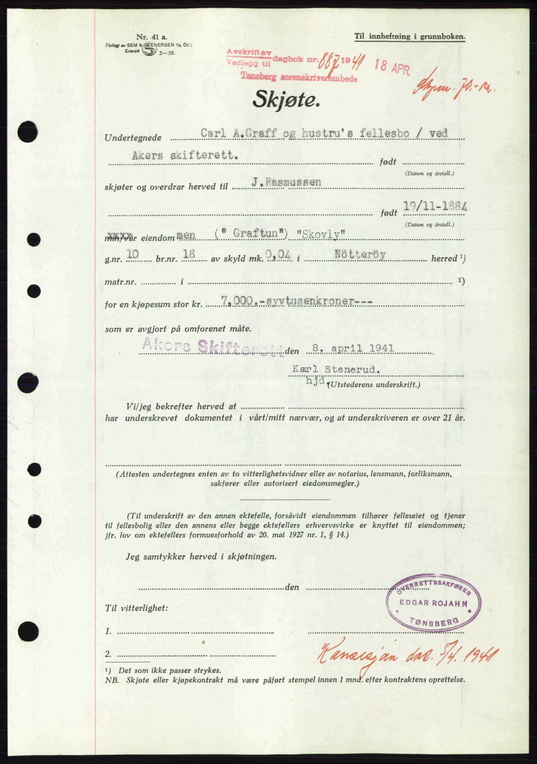Tønsberg sorenskriveri, AV/SAKO-A-130/G/Ga/Gaa/L0010: Pantebok nr. A10, 1941-1941, Dagboknr: 887/1941