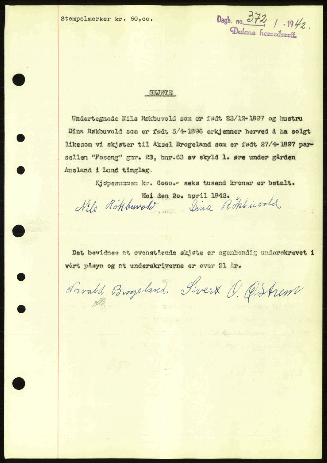 Dalane sorenskriveri, SAST/A-100309/02/G/Gb/L0045: Pantebok nr. A6, 1941-1942, Dagboknr: 372/1942