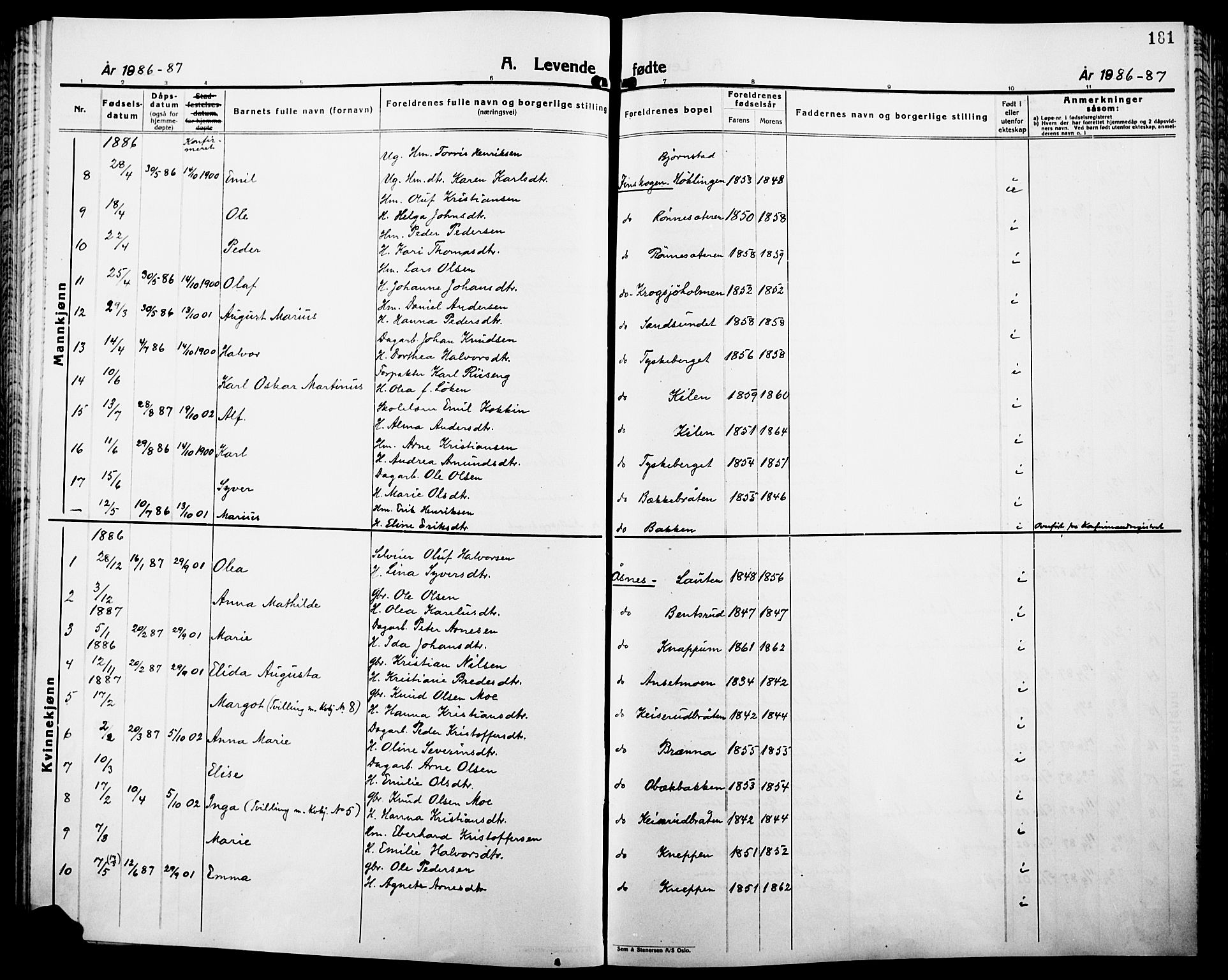 Åsnes prestekontor, SAH/PREST-042/H/Ha/Haa/L0000B: Ministerialbok, 1870-1889, s. 181
