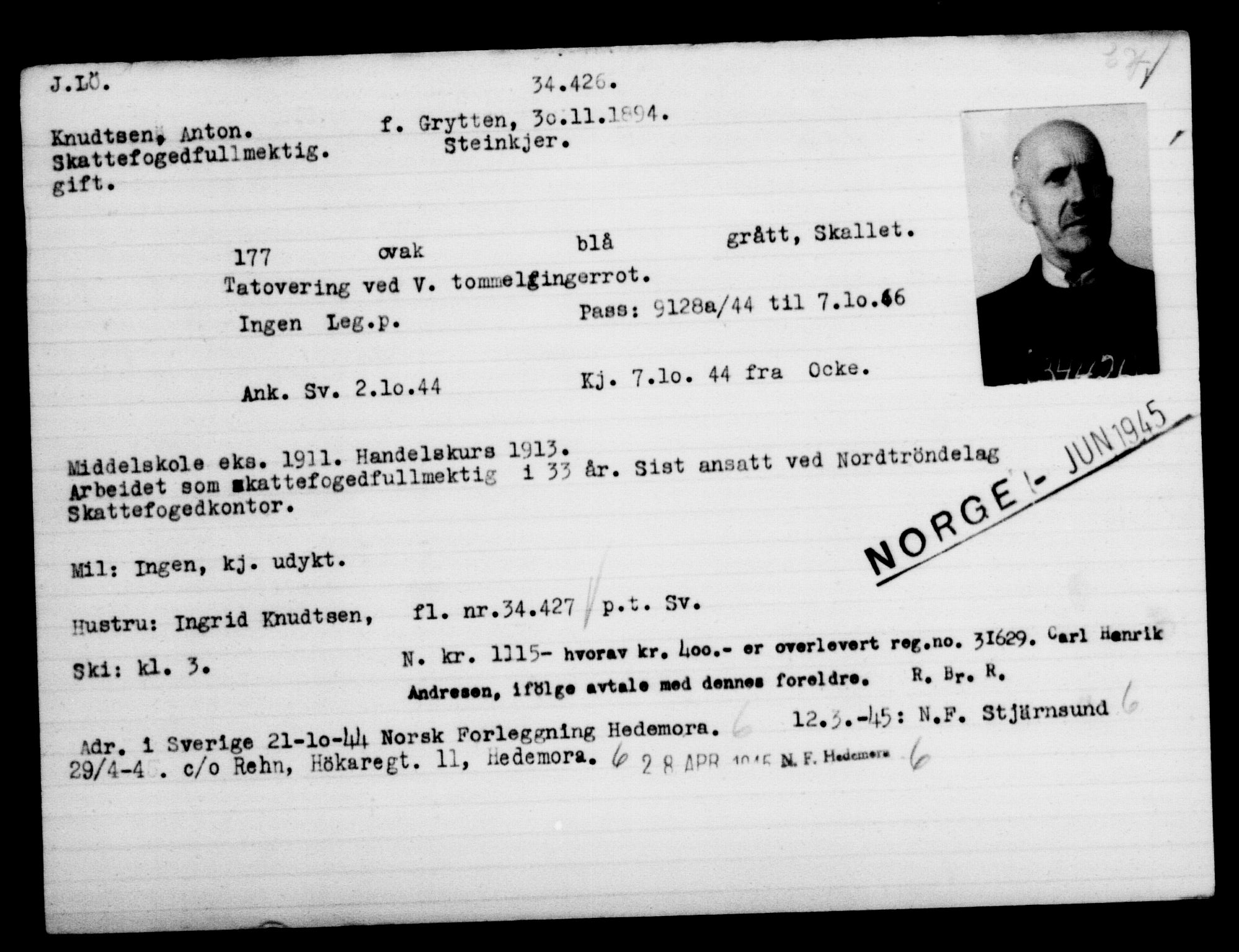 Utenriksstasjonene, Legasjonen i Stockholm, Flyktningkontoret, AV/RA-S-6753/V/Va/L0013: Kjesäterkartoteket, flyktninger med registreringsnr. 31500-34731, 1940-1945, s. 3080