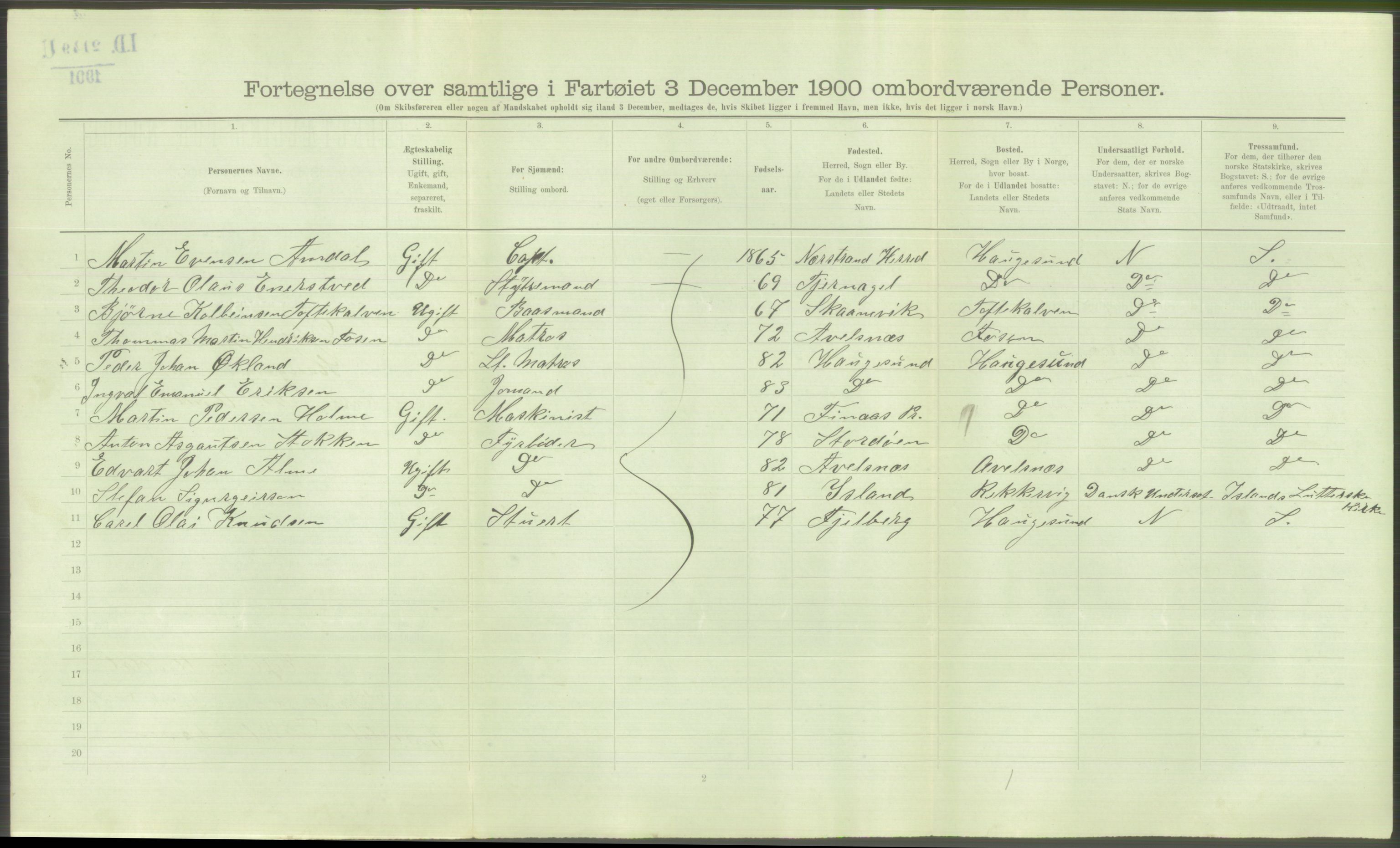 RA, Folketelling 1900 - skipslister med personlister for skip i norske havner, utenlandske havner og til havs, 1900, s. 3612