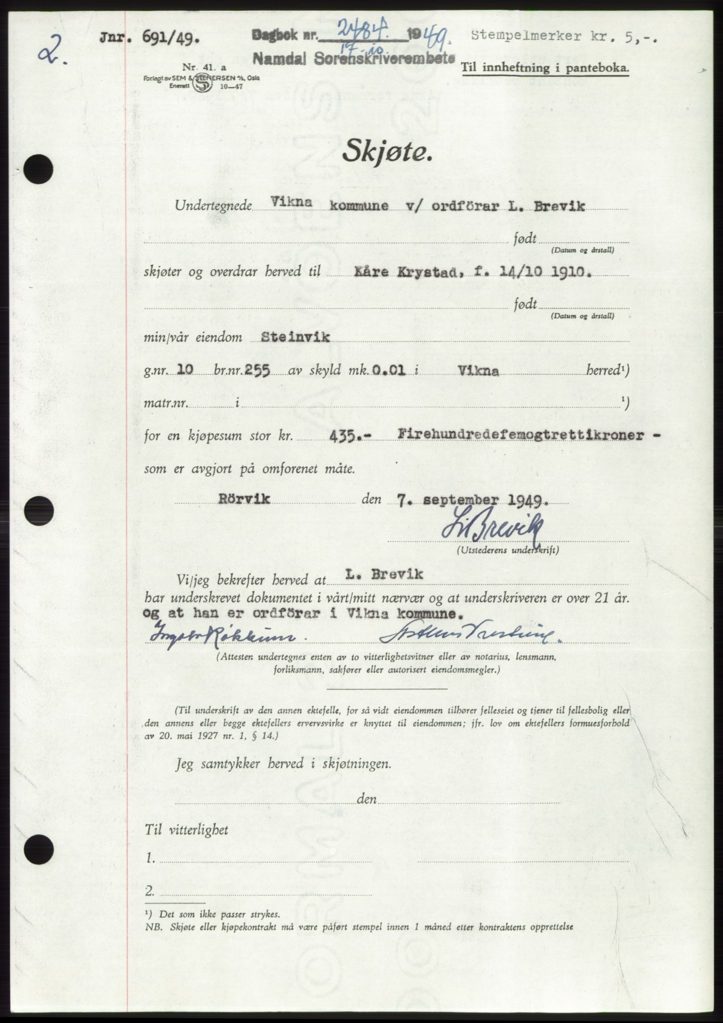 Namdal sorenskriveri, SAT/A-4133/1/2/2C: Pantebok nr. -, 1949-1949, Dagboknr: 2484/1949