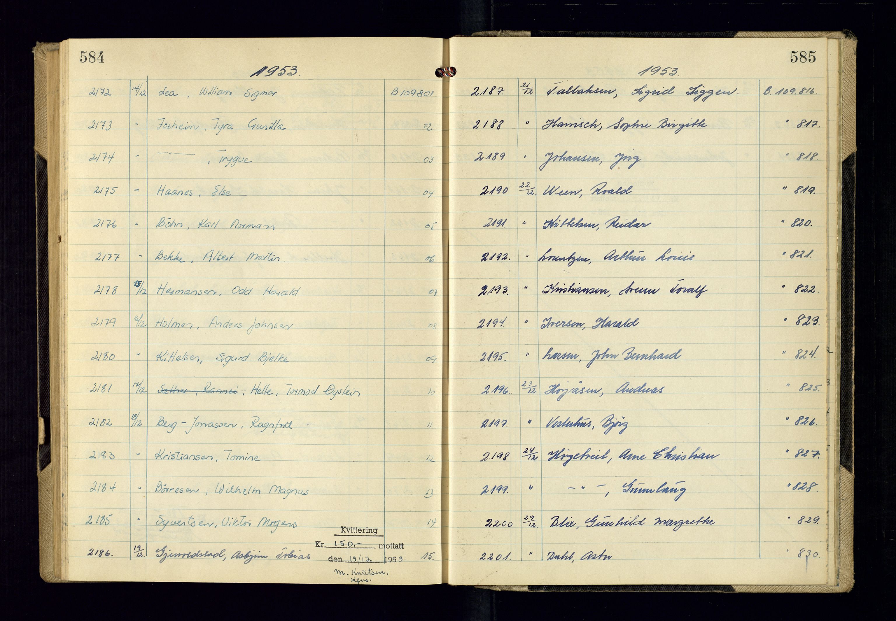 Kristiansand politikammer - 2, AV/SAK-1243-0009/K/Ka/Kaa/L0612: Passprotokoll, liste med løpenumre, 1951-1954, s. 584-585