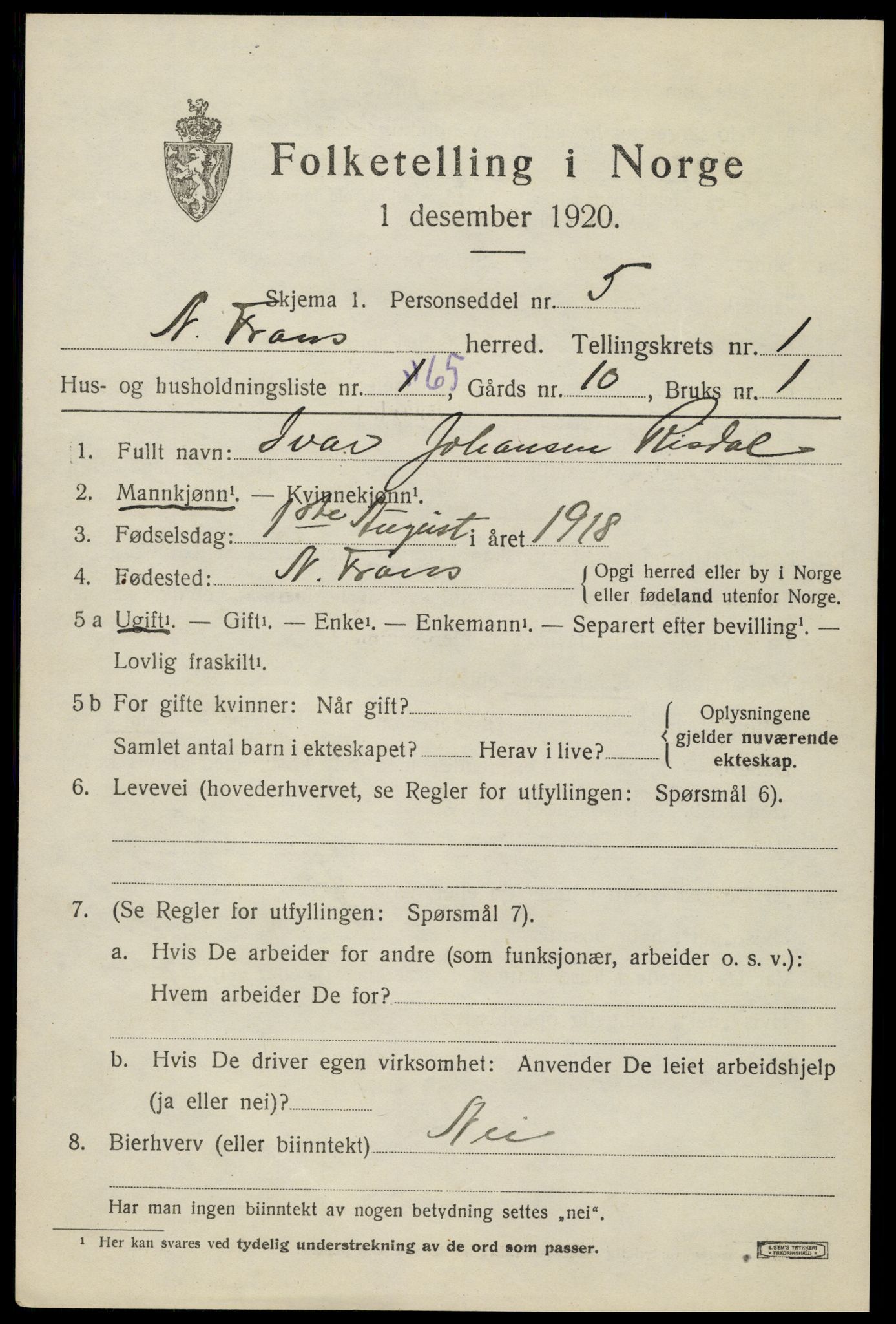 SAH, Folketelling 1920 for 0518 Nord-Fron herred, 1920, s. 2392