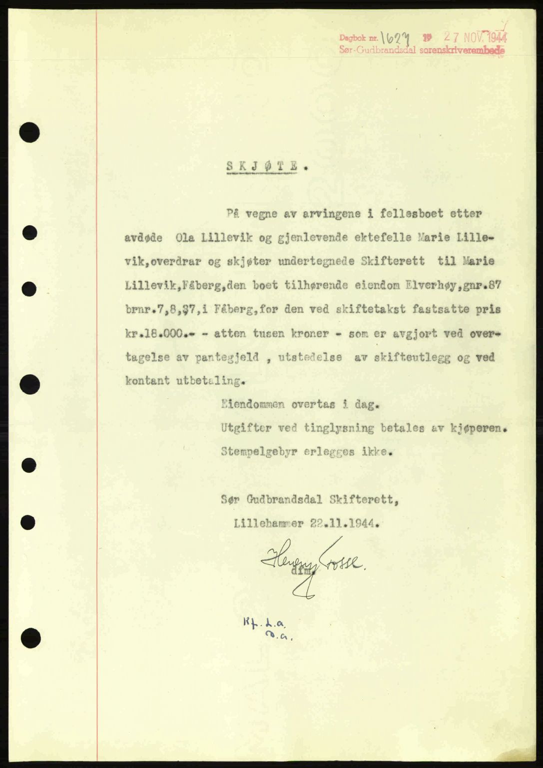 Sør-Gudbrandsdal tingrett, SAH/TING-004/H/Hb/Hbd/L0014: Pantebok nr. A14, 1944-1945, Dagboknr: 1627/1944