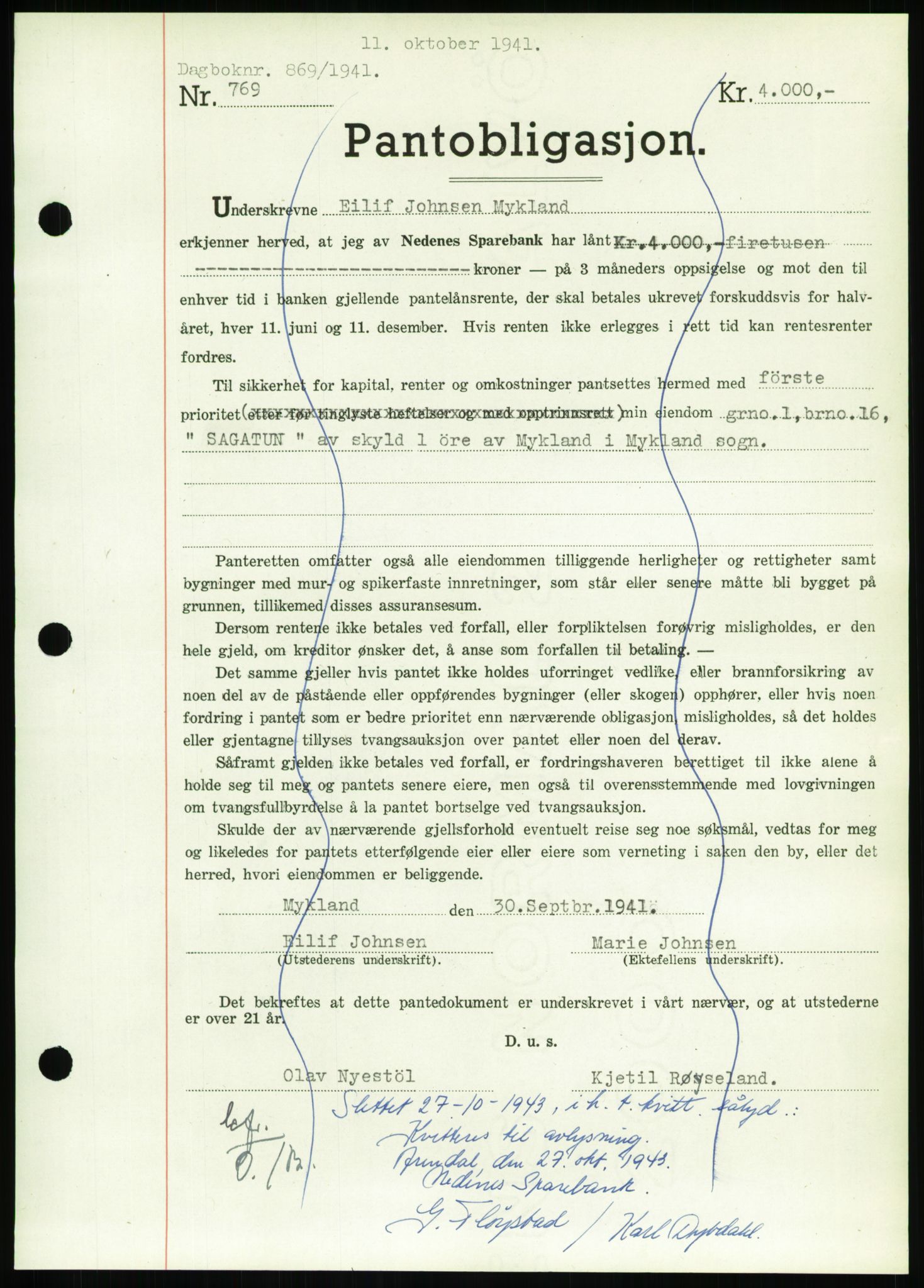 Nedenes sorenskriveri, SAK/1221-0006/G/Gb/Gbb/L0001: Pantebok nr. I, 1939-1942, Dagboknr: 869/1941