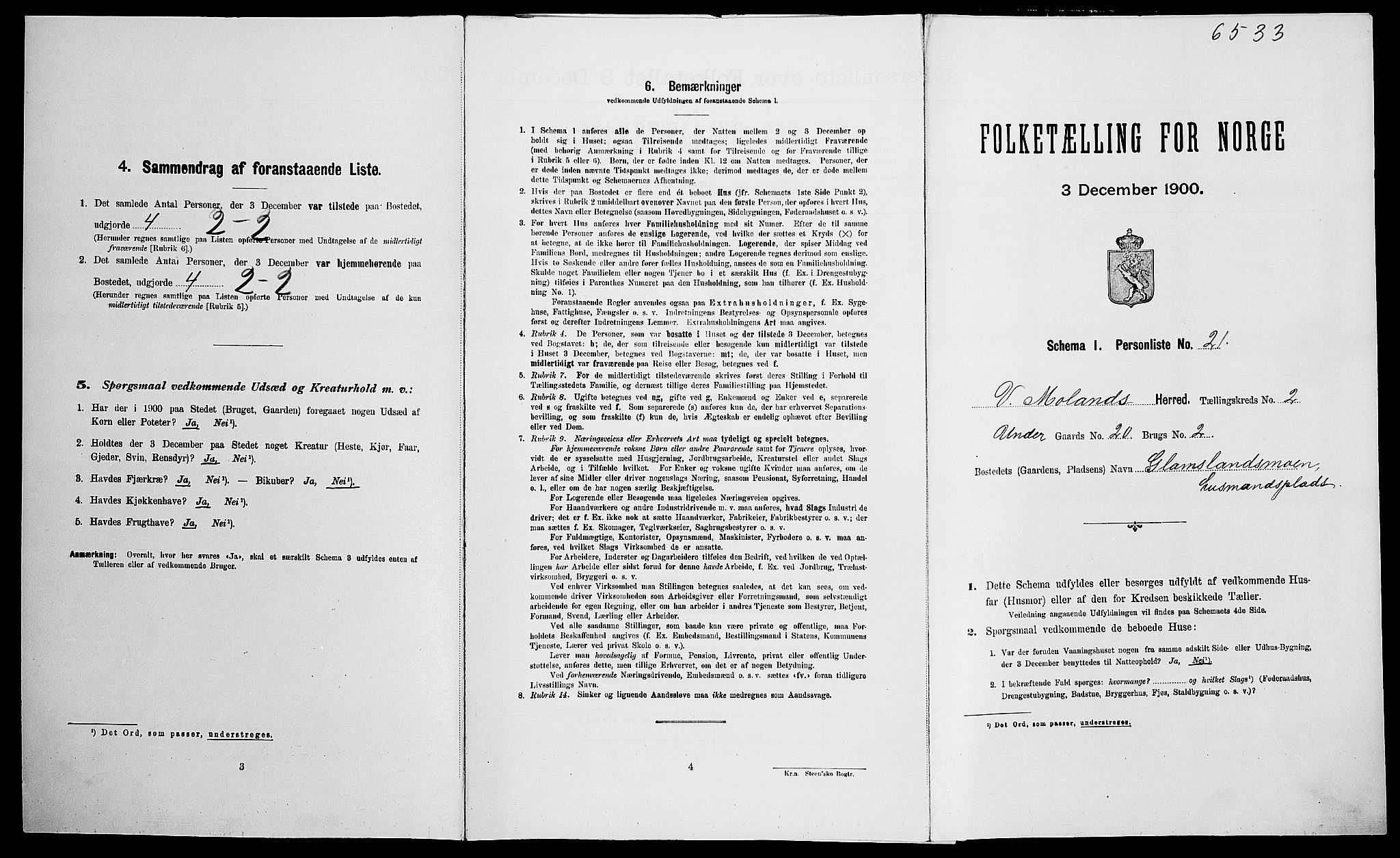 SAK, Folketelling 1900 for 0926 Vestre Moland herred, 1900, s. 275