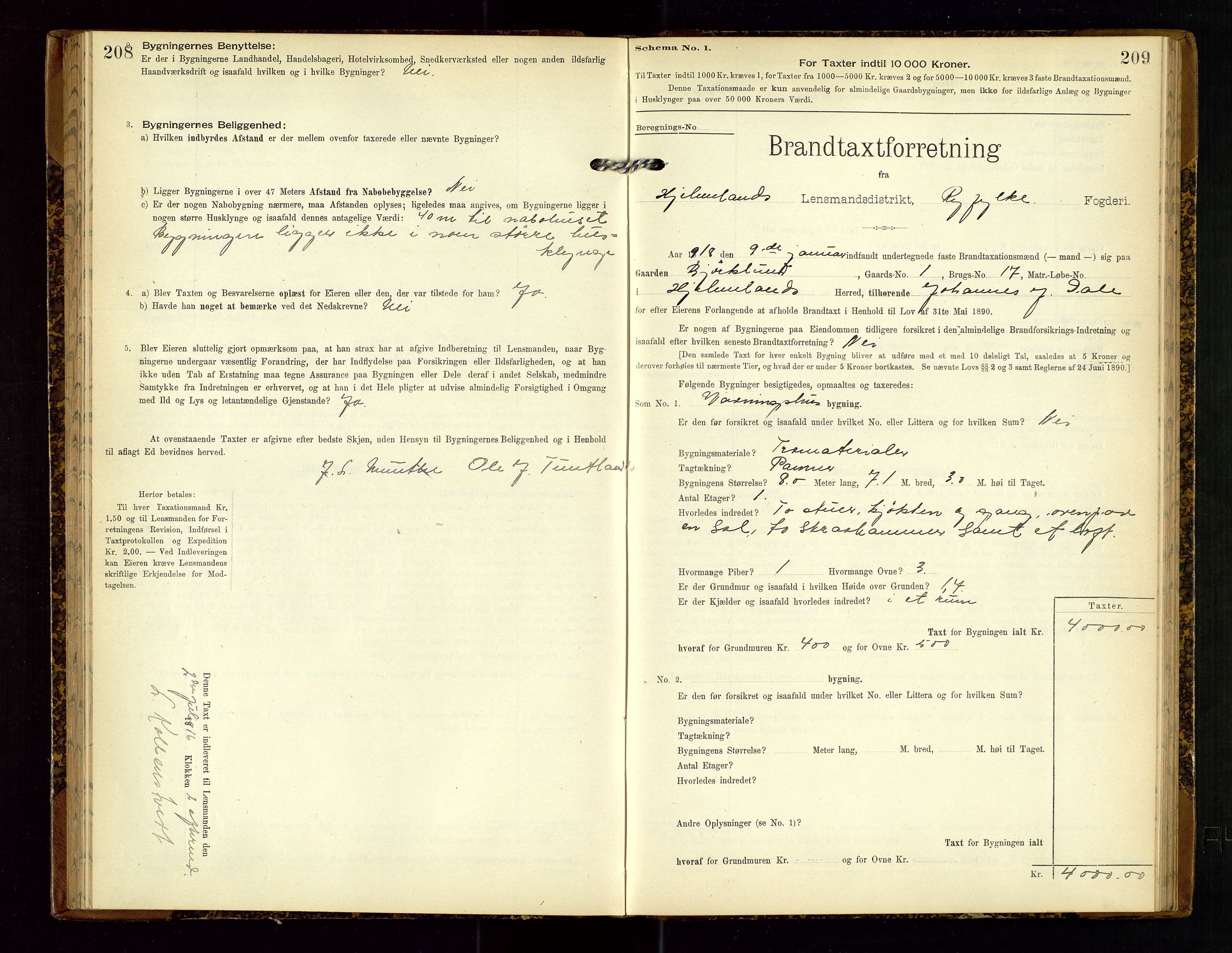 Hjelmeland lensmannskontor, AV/SAST-A-100439/Gob/L0002: "Brandtaxationsprotokol", 1904-1920, s. 208-209