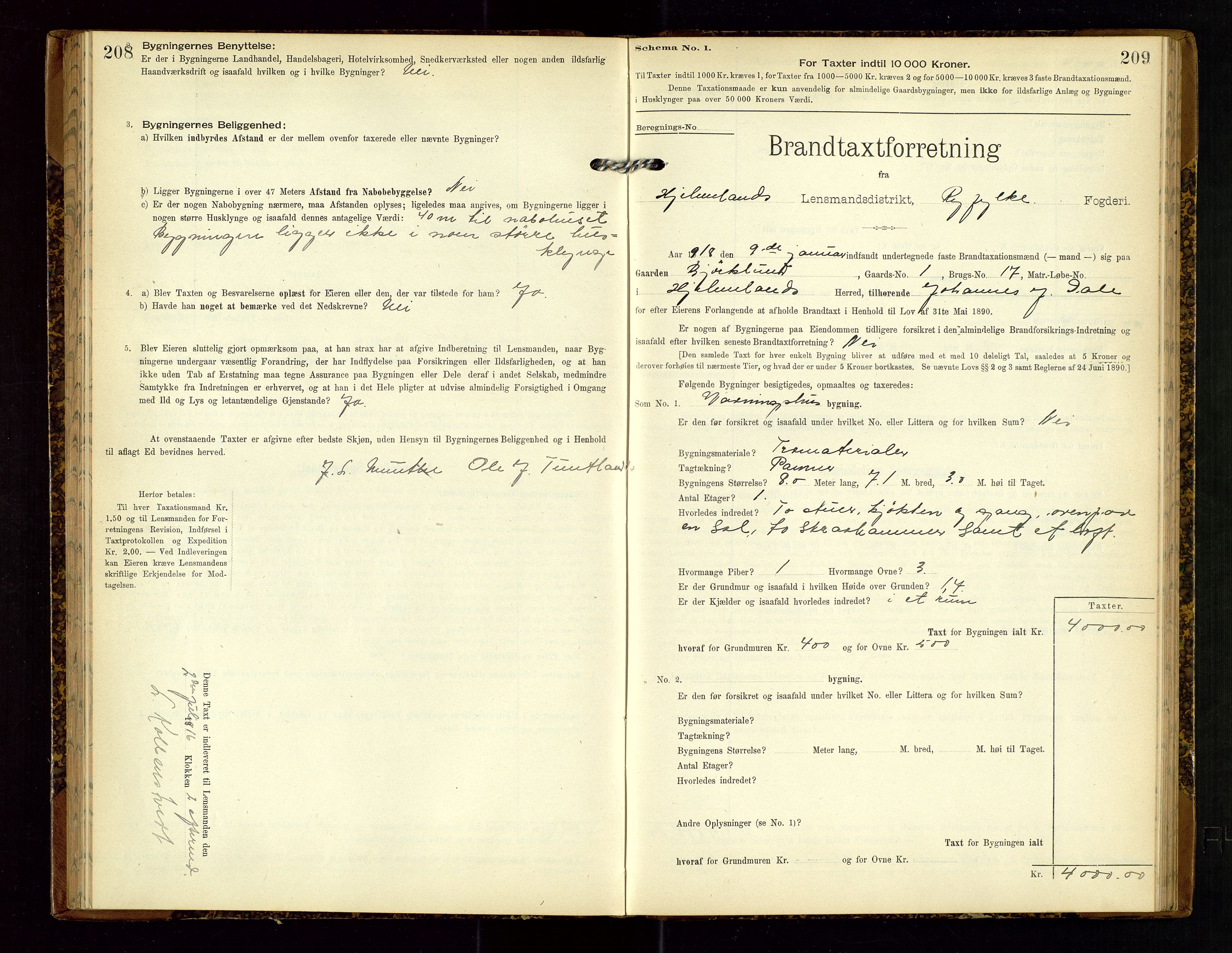 Hjelmeland lensmannskontor, SAST/A-100439/Gob/L0002: "Brandtaxationsprotokol", 1904-1920, s. 208-209