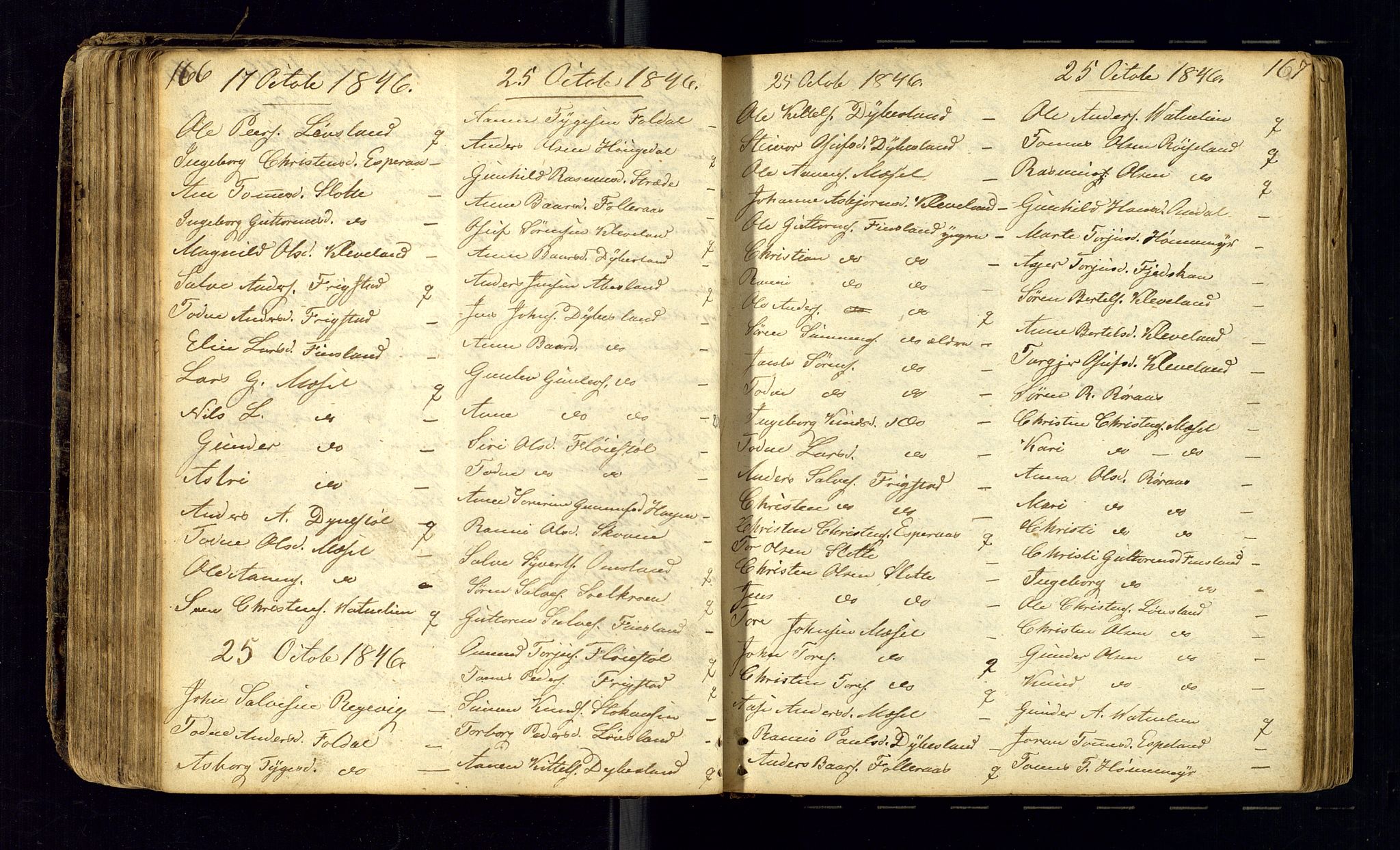 Bjelland sokneprestkontor, AV/SAK-1111-0005/F/Fc/Fcb/L0001: Kommunikantprotokoll nr. C-1, 1827-1906, s. 166-167