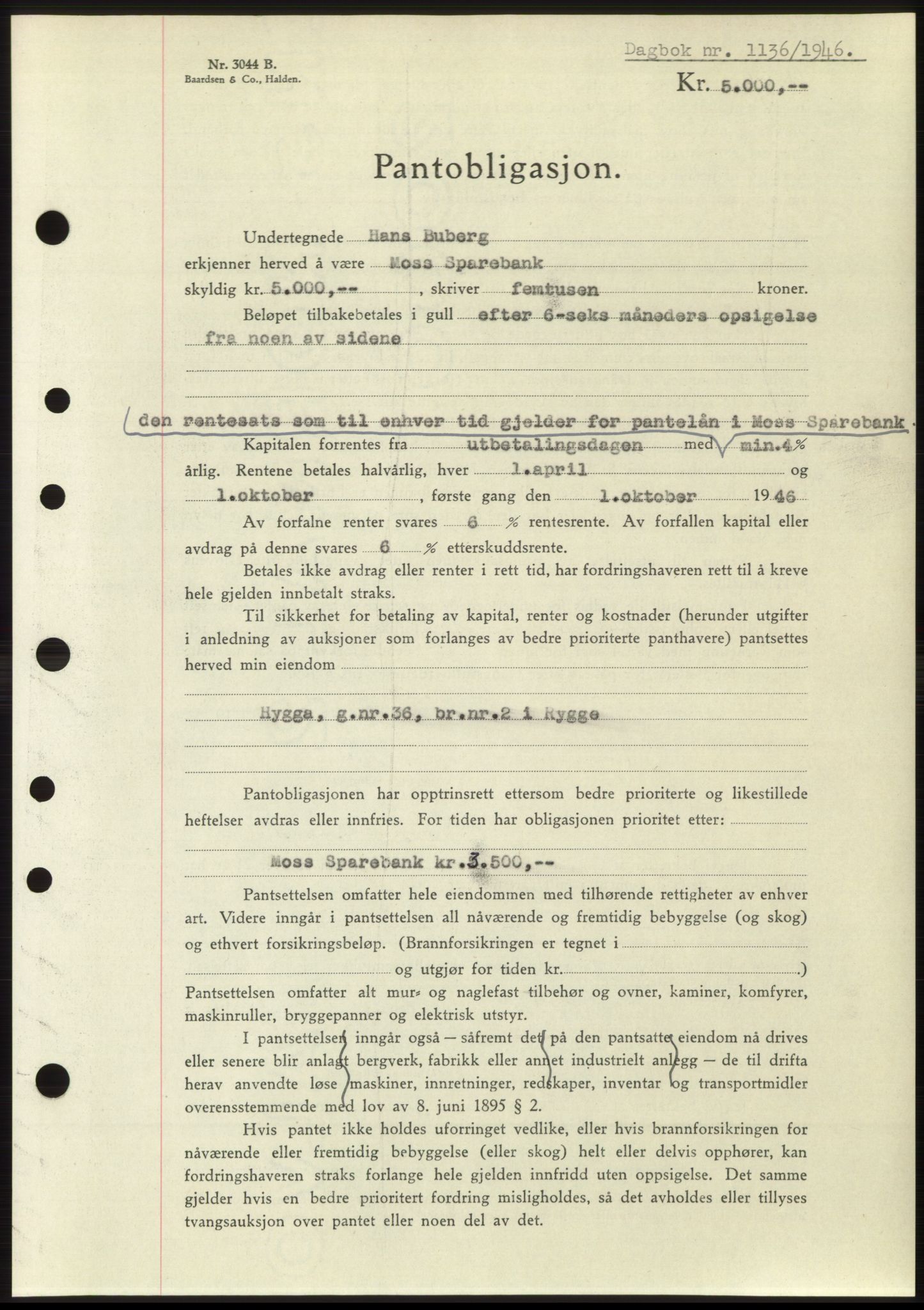 Moss sorenskriveri, SAO/A-10168: Pantebok nr. B15, 1946-1946, Dagboknr: 1136/1946