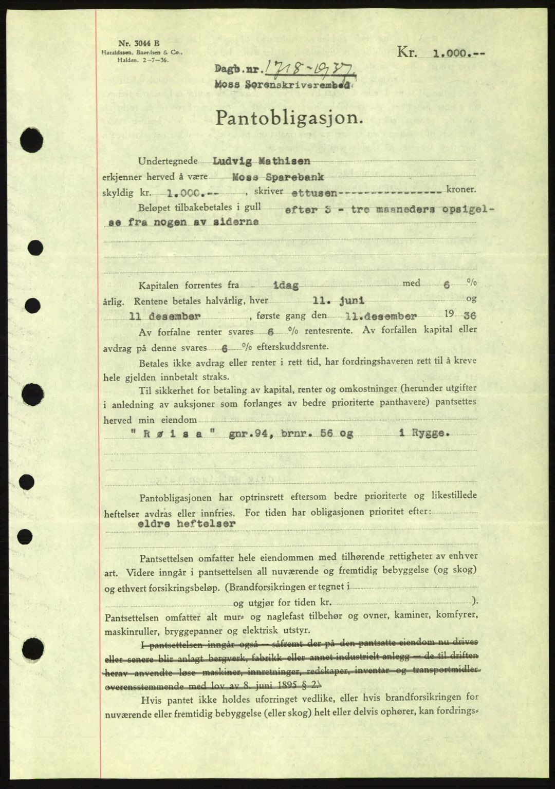 Moss sorenskriveri, SAO/A-10168: Pantebok nr. B4, 1937-1938, Dagboknr: 1718/1937