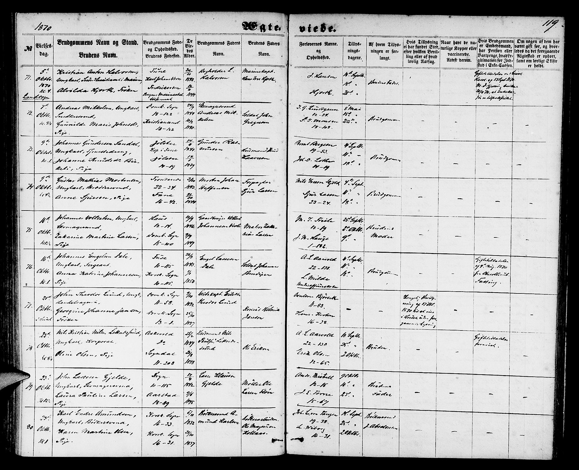 Domkirken sokneprestembete, AV/SAB-A-74801/H/Hab/L0030: Klokkerbok nr. D 2, 1857-1876, s. 119