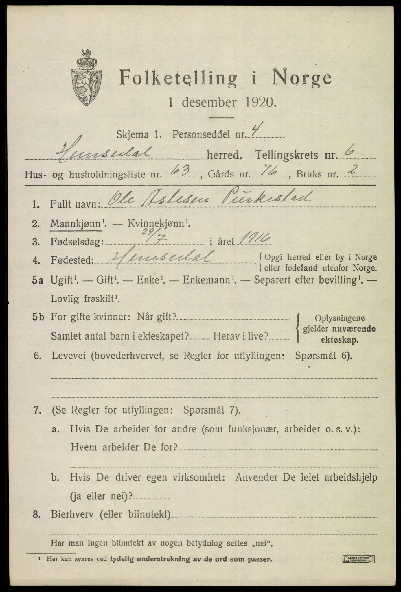 SAKO, Folketelling 1920 for 0618 Hemsedal herred, 1920, s. 2940