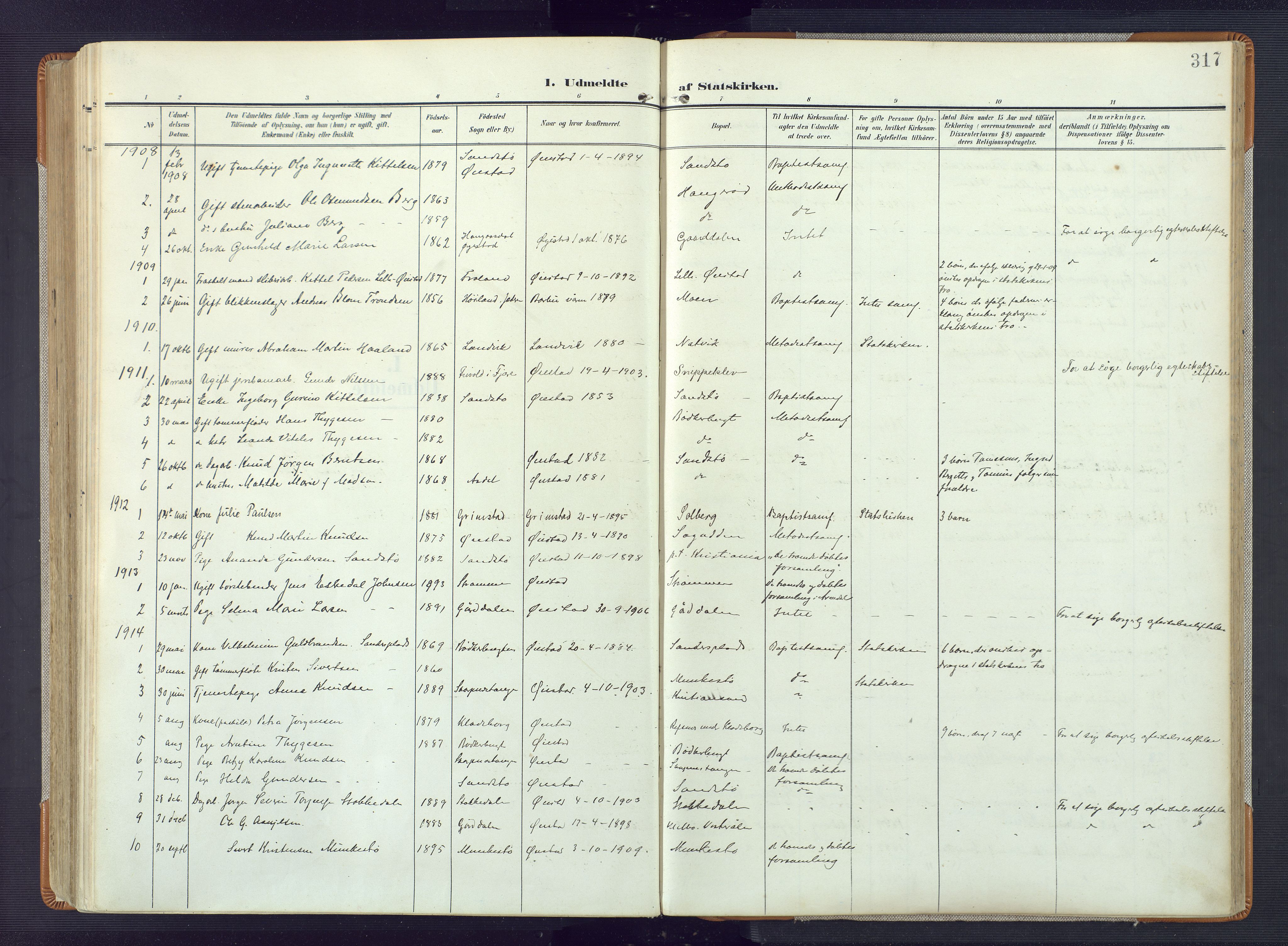 Øyestad sokneprestkontor, AV/SAK-1111-0049/F/Fa/L0019: Ministerialbok nr. A 19, 1908-1922, s. 317