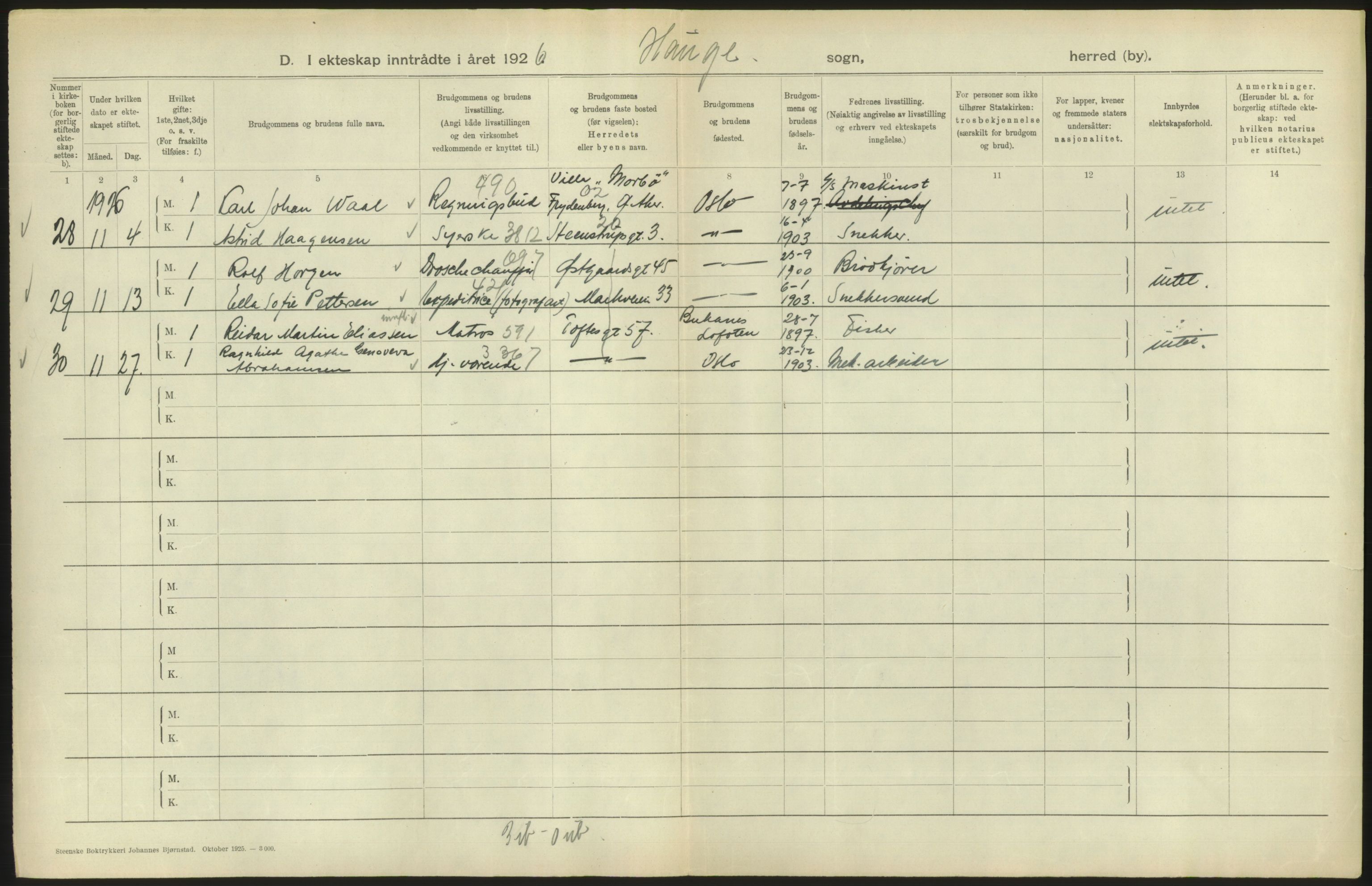 Statistisk sentralbyrå, Sosiodemografiske emner, Befolkning, AV/RA-S-2228/D/Df/Dfc/Dfcf/L0008: Oslo: Gifte, 1926, s. 744