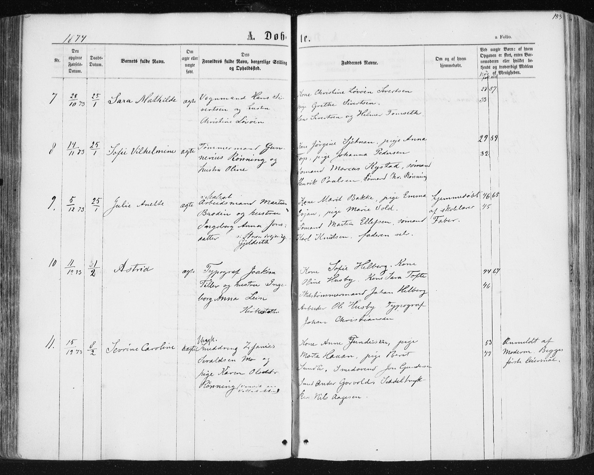 Ministerialprotokoller, klokkerbøker og fødselsregistre - Sør-Trøndelag, SAT/A-1456/604/L0186: Ministerialbok nr. 604A07, 1866-1877, s. 183