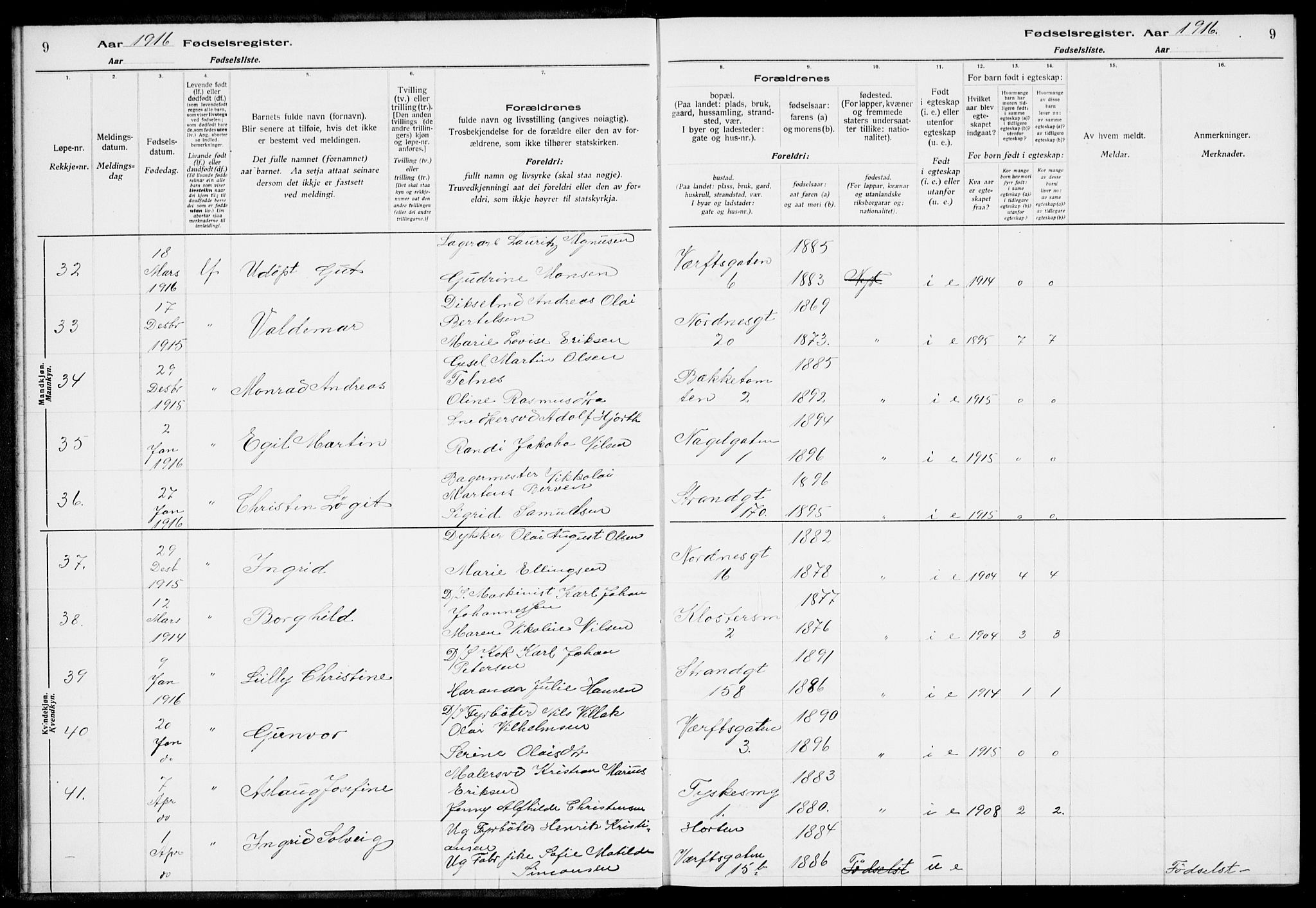 Nykirken Sokneprestembete, AV/SAB-A-77101/I/Id/L00A1: Fødselsregister nr. A 1, 1916-1922, s. 9