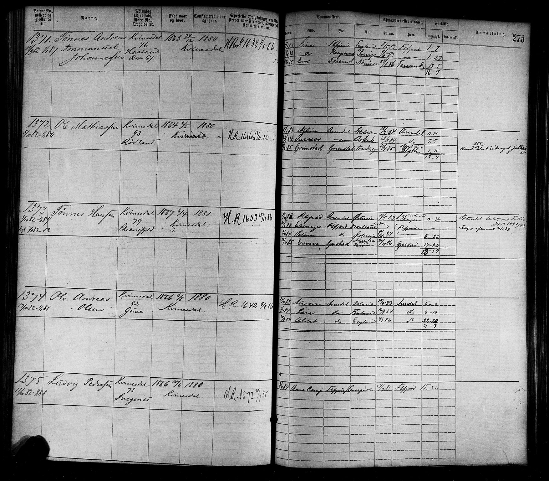 Flekkefjord mønstringskrets, AV/SAK-2031-0018/F/Fa/L0002: Annotasjonsrulle nr 1-1920 med register, N-2, 1870-1891, s. 303