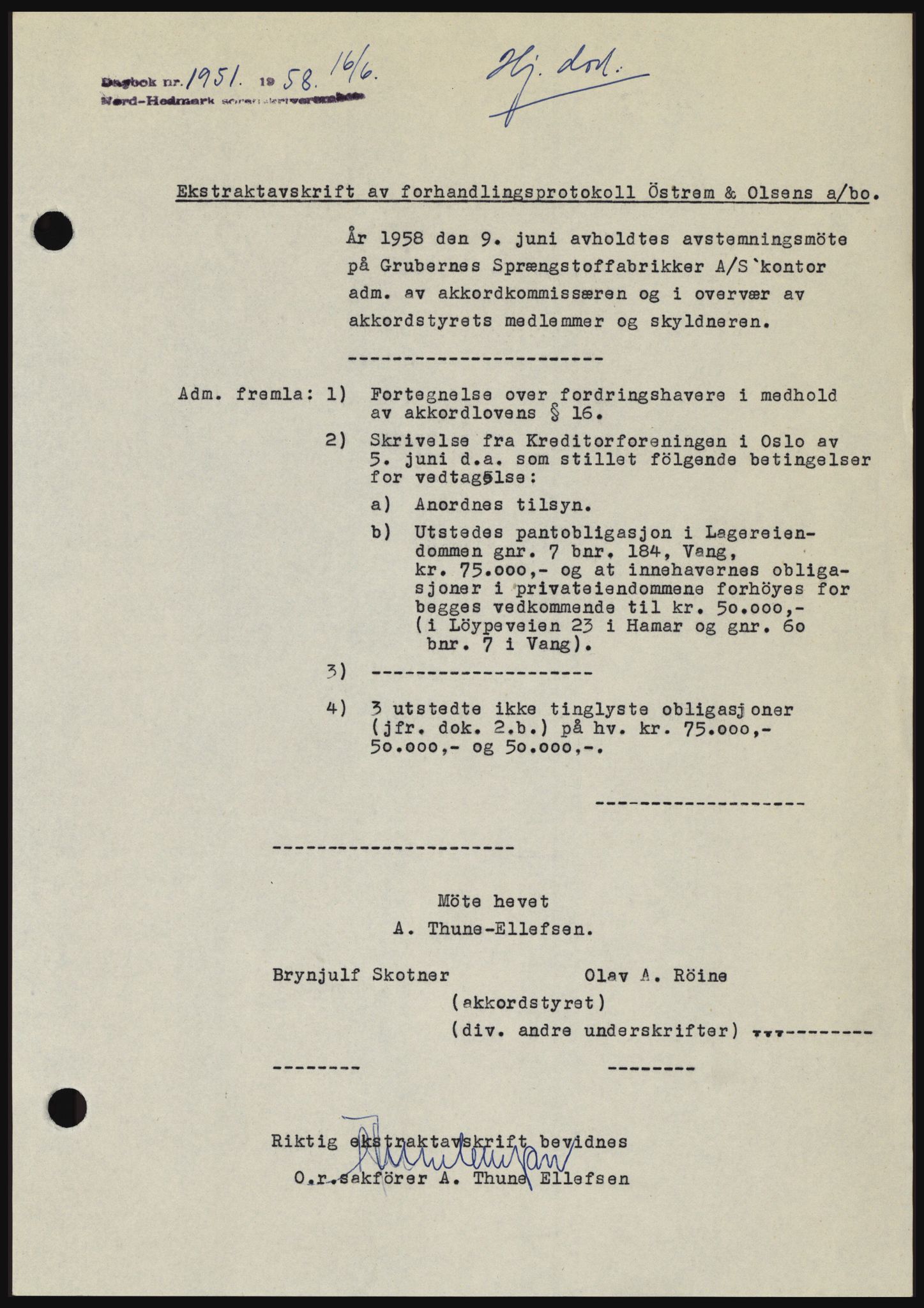 Nord-Hedmark sorenskriveri, SAH/TING-012/H/Hc/L0012: Pantebok nr. 12, 1957-1958, Dagboknr: 1951/1958