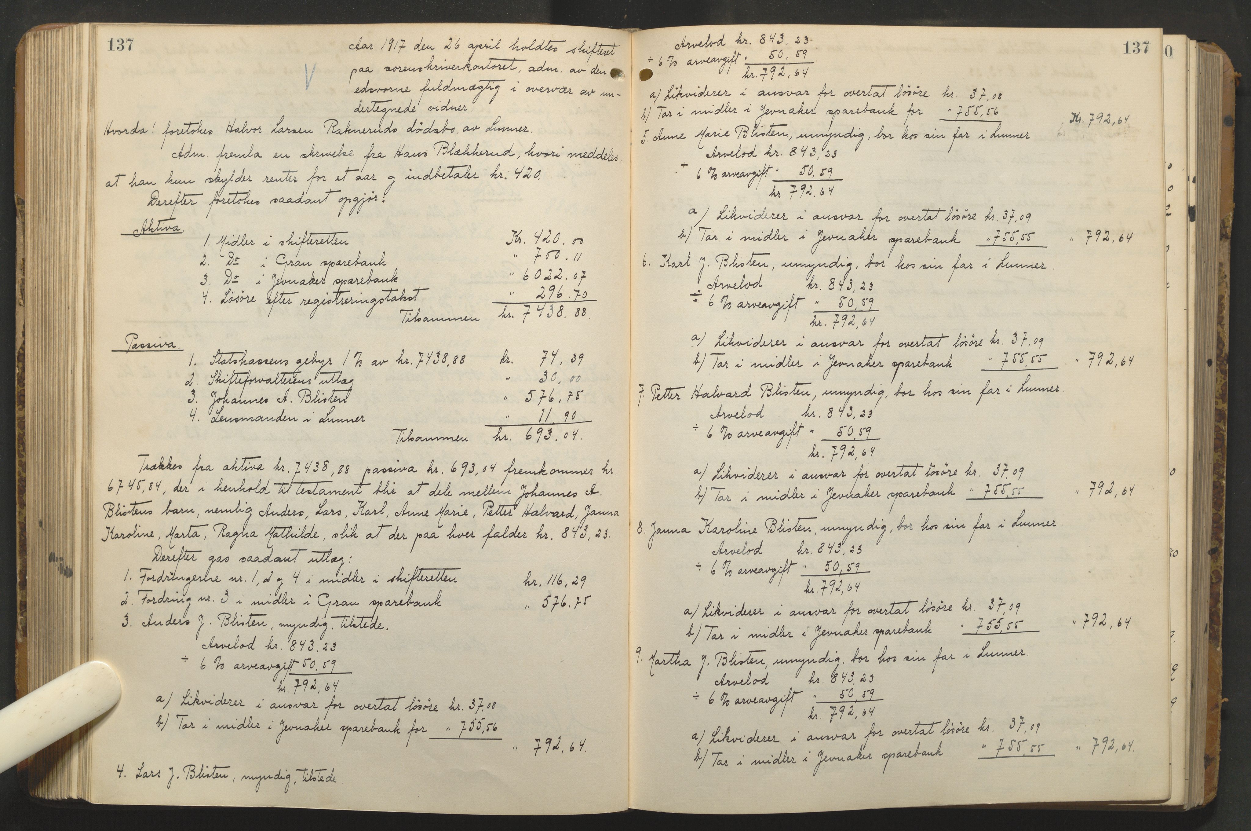 Hadeland og Land tingrett, AV/SAH-TING-010/J/Jd/L0005: Skifteutlodningsprotokoll, 1913-1924, s. 137