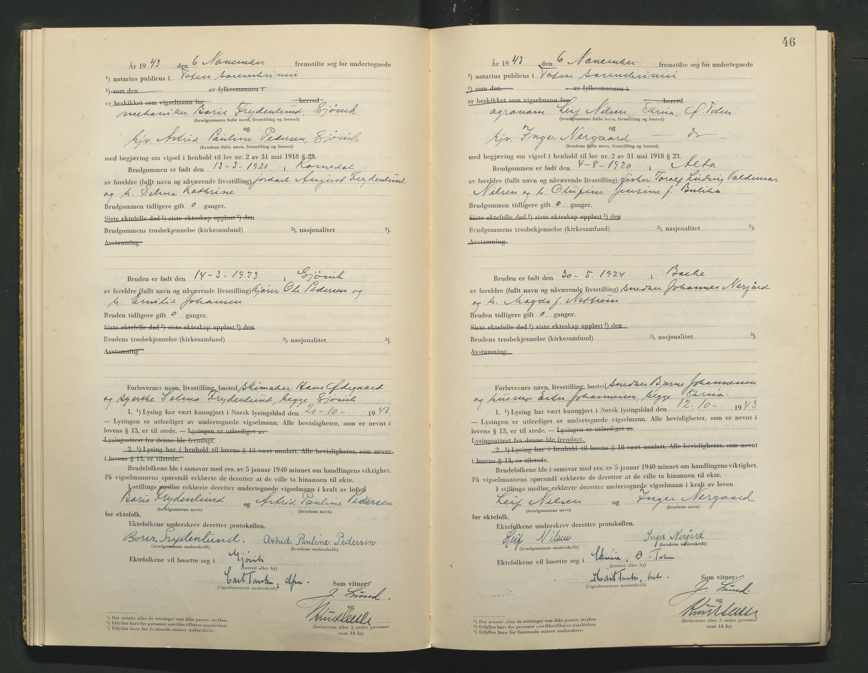 Toten tingrett, AV/SAH-TING-006/L/Lc/L0003: Vigselbok, 1943-1944, s. 46