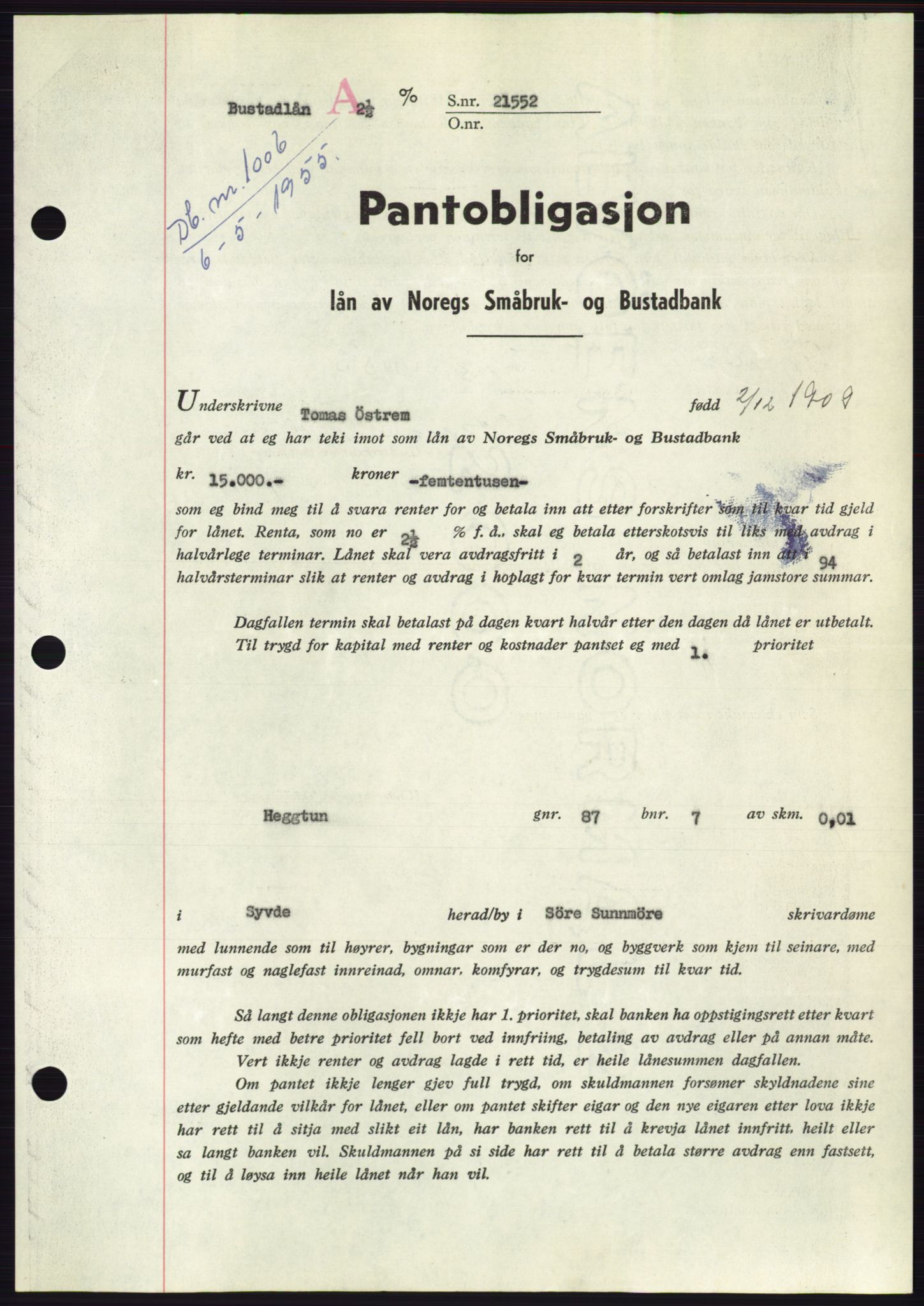 Søre Sunnmøre sorenskriveri, AV/SAT-A-4122/1/2/2C/L0126: Pantebok nr. 14B, 1954-1955, Dagboknr: 1006/1955