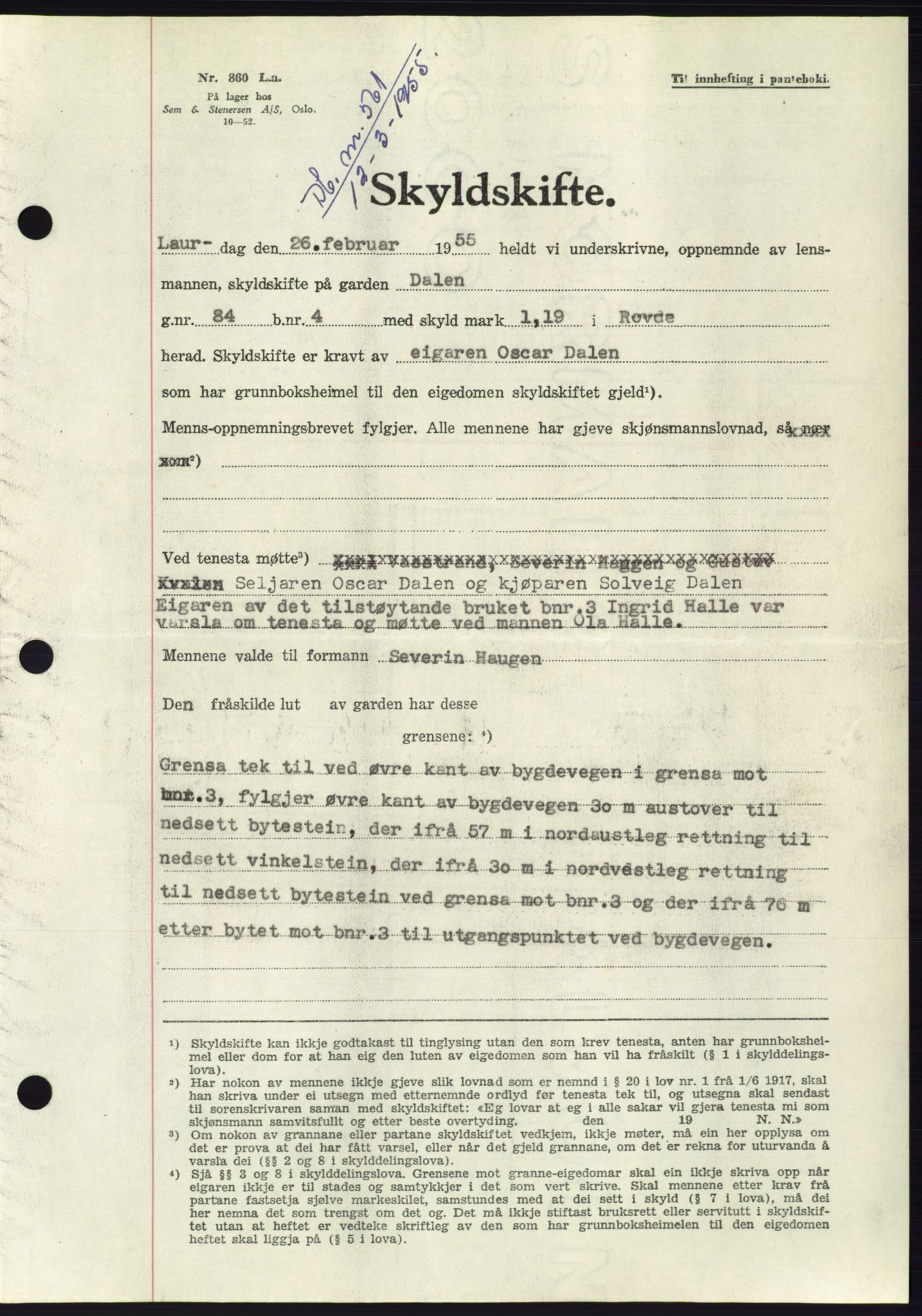 Søre Sunnmøre sorenskriveri, AV/SAT-A-4122/1/2/2C/L0100: Pantebok nr. 26A, 1954-1955, Dagboknr: 561/1955