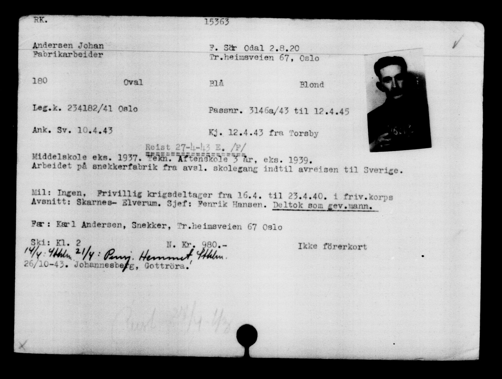 Den Kgl. Norske Legasjons Flyktningskontor, AV/RA-S-6753/V/Va/L0007: Kjesäterkartoteket.  Flyktningenr. 12700-15723, 1940-1945, s. 3058