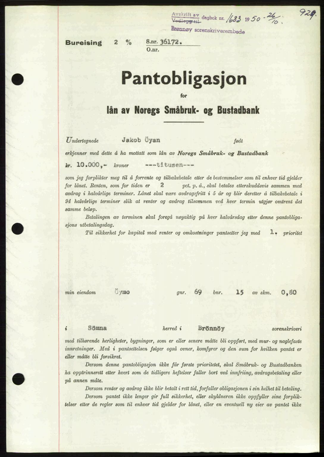 Brønnøy sorenskriveri, SAT/A-4170/1/2/2C: Pantebok nr. 36, 1950-1950, Dagboknr: 1683/1950
