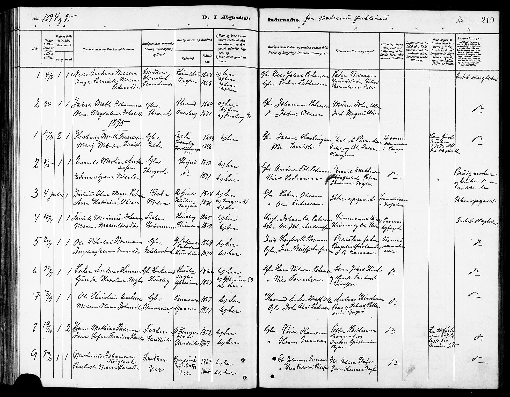 Kvæfjord sokneprestkontor, AV/SATØ-S-1323/G/Ga/Gab/L0005klokker: Klokkerbok nr. 5, 1886-1911, s. 219