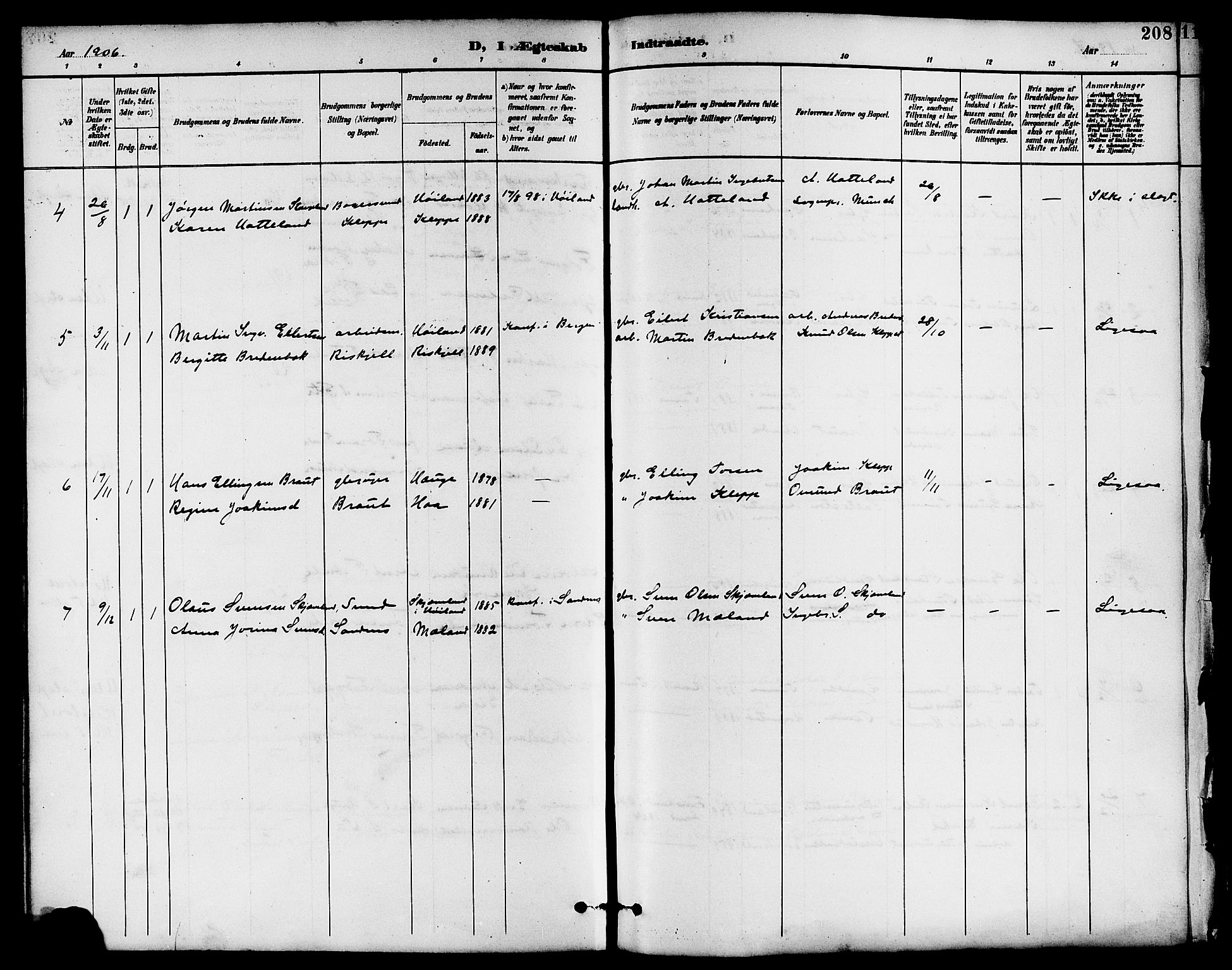 Klepp sokneprestkontor, SAST/A-101803/001/3/30BB/L0004: Klokkerbok nr. B 4, 1889-1914, s. 208