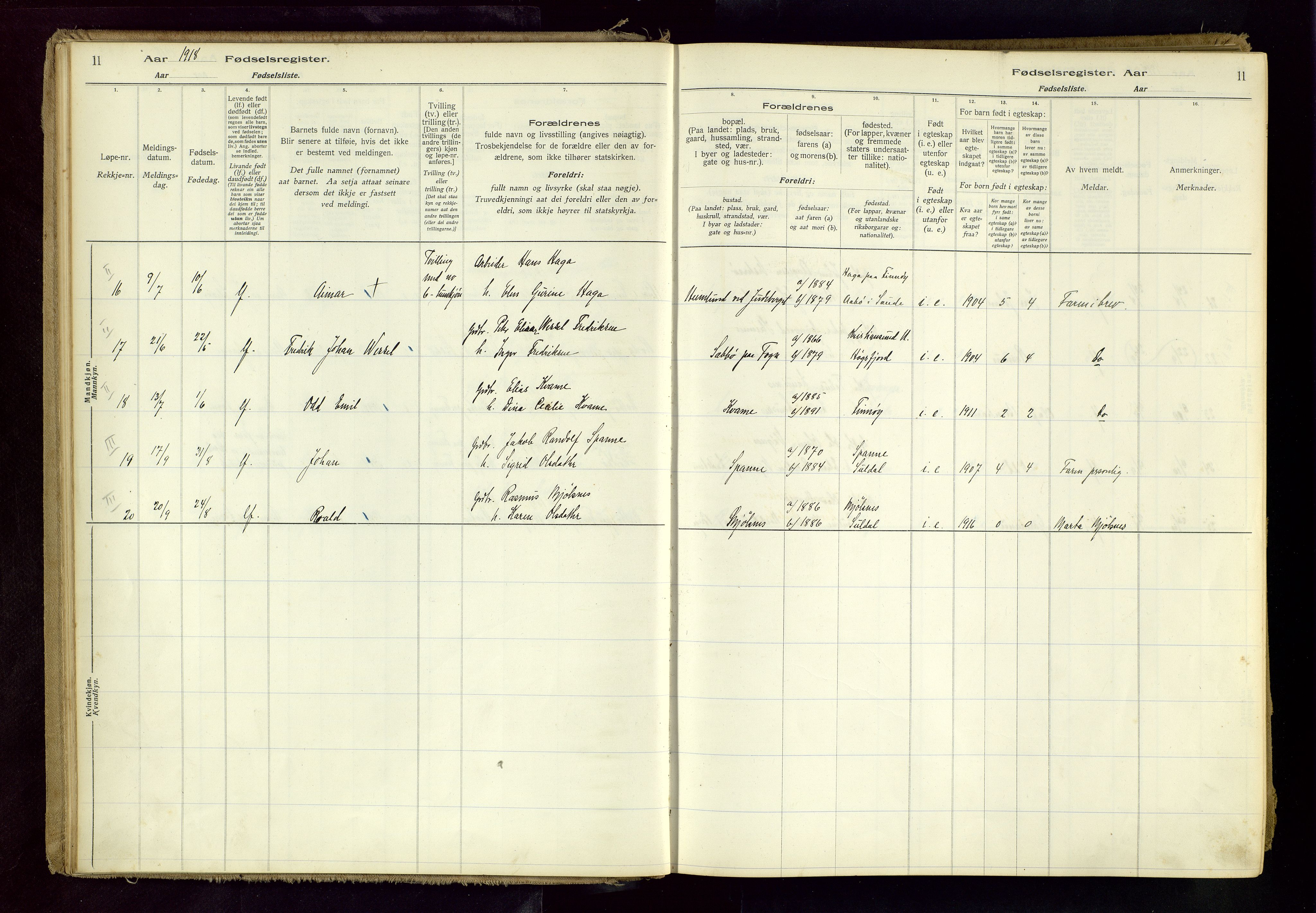 Finnøy sokneprestkontor, AV/SAST-A-101825/I/Id/L0001: Fødselsregister nr. 1, 1916-1977, s. 11