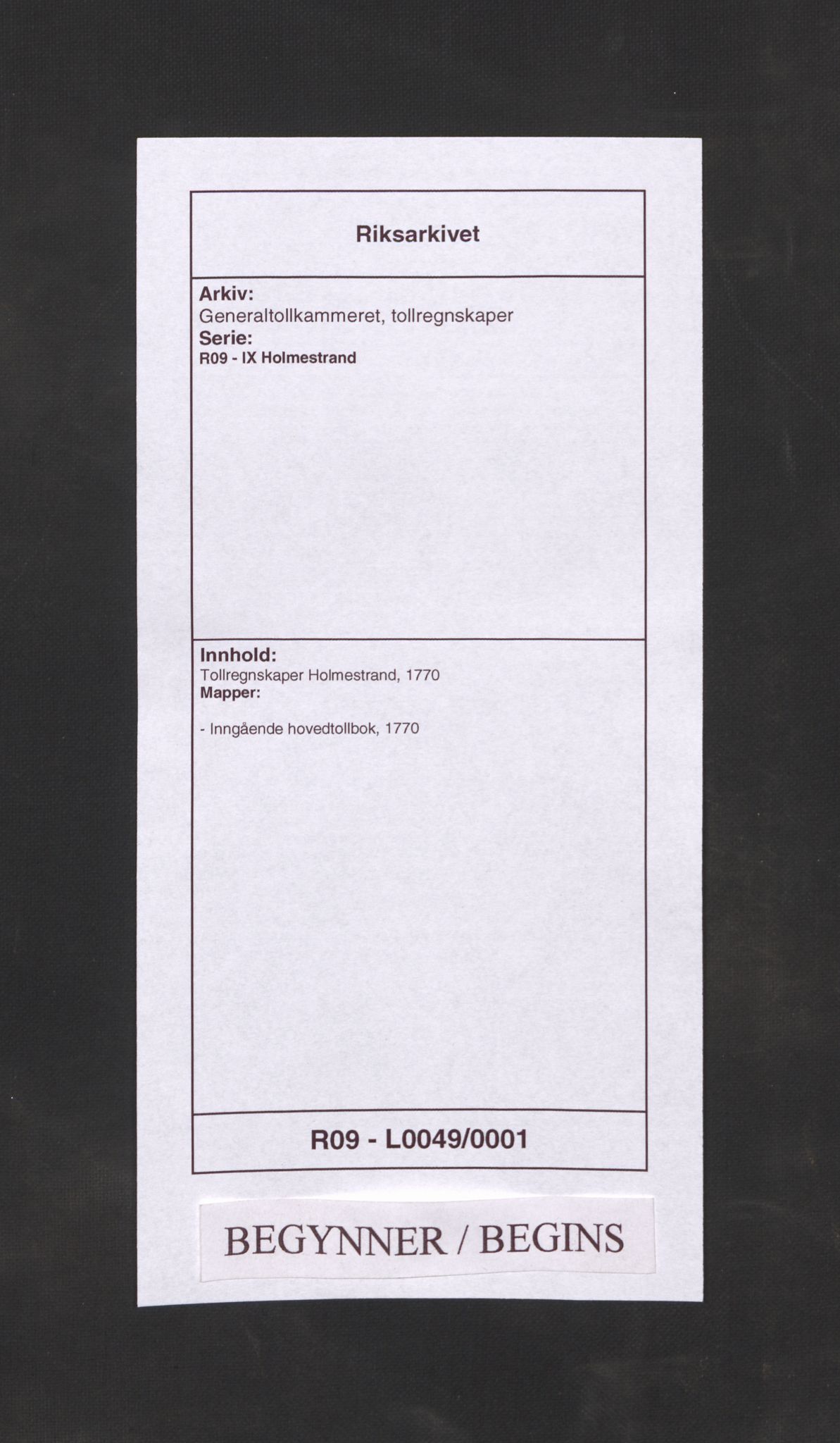 Generaltollkammeret, tollregnskaper, RA/EA-5490/R09/L0049/0001: Tollregnskaper Holmestrand / Inngående hovedtollbok, 1770