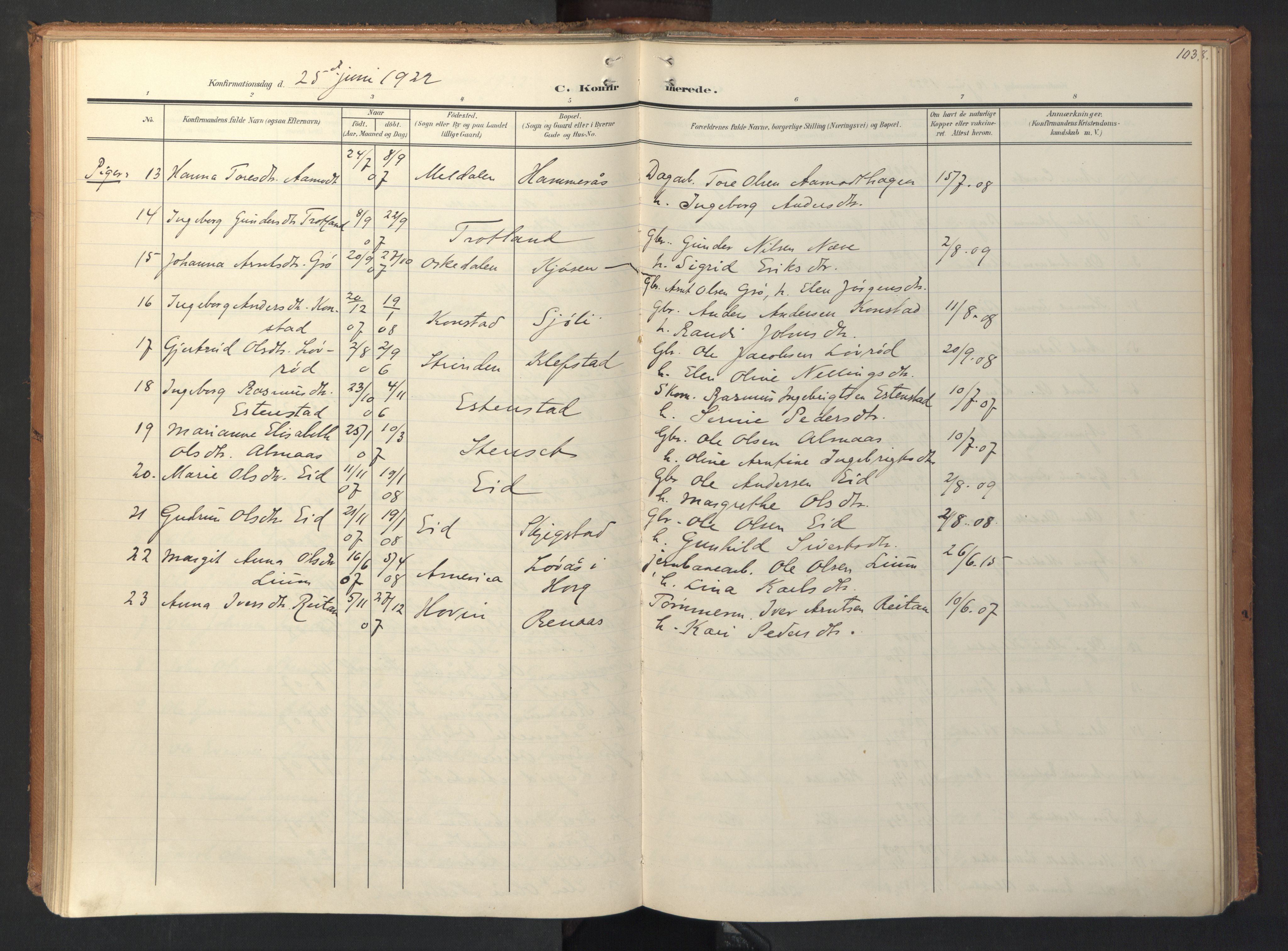 Ministerialprotokoller, klokkerbøker og fødselsregistre - Sør-Trøndelag, AV/SAT-A-1456/694/L1128: Ministerialbok nr. 694A02, 1906-1931, s. 103